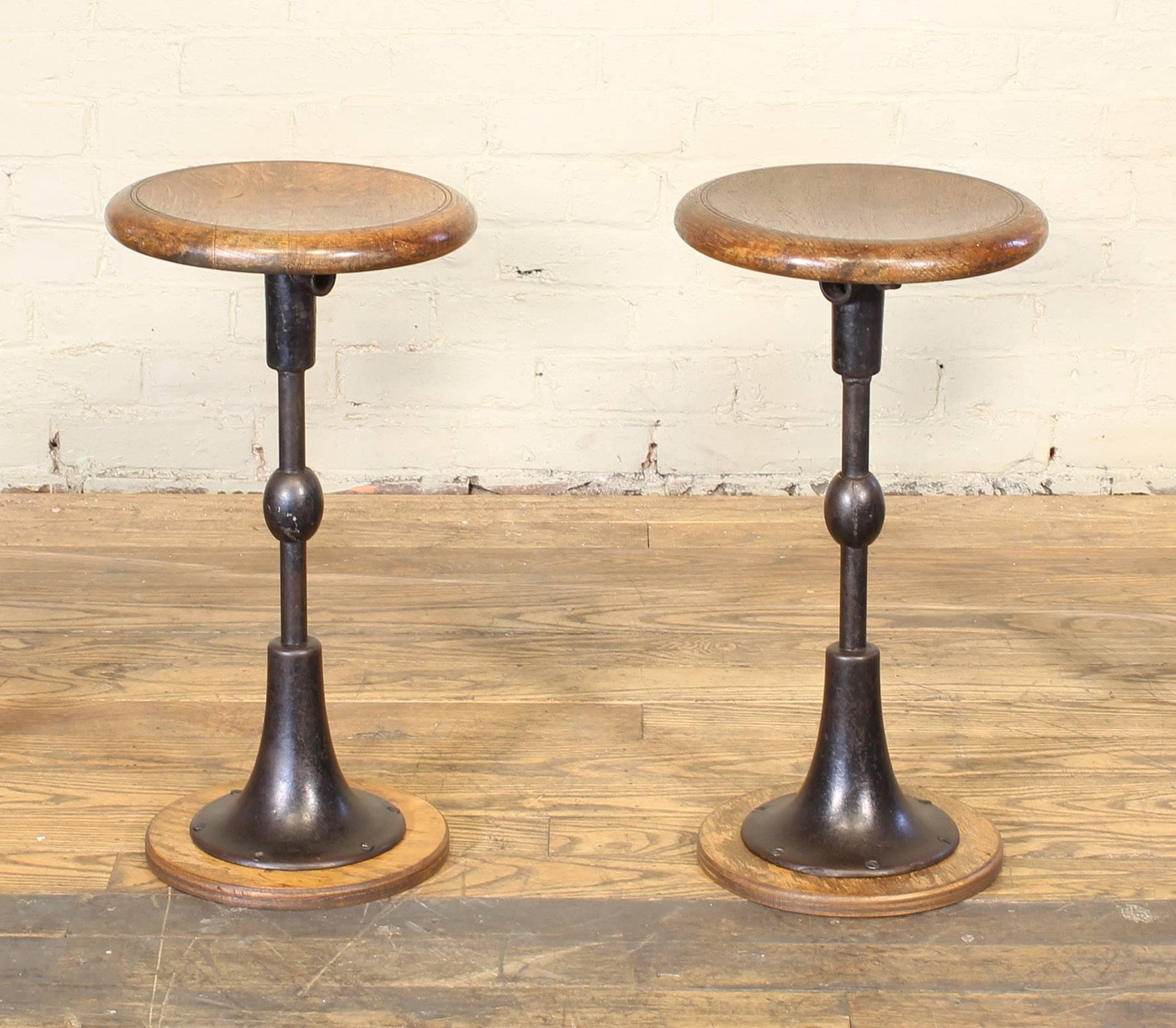 Industrial Pair of Antique Cast Iron and Oak Pedestal Stools