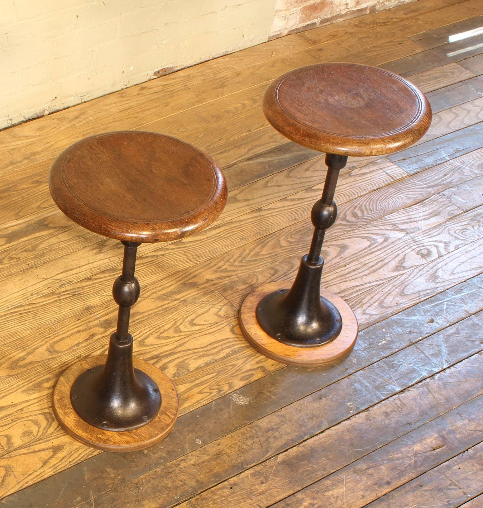 Pair of Antique Cast Iron and Oak Pedestal Stools In Good Condition In Oakville, CT