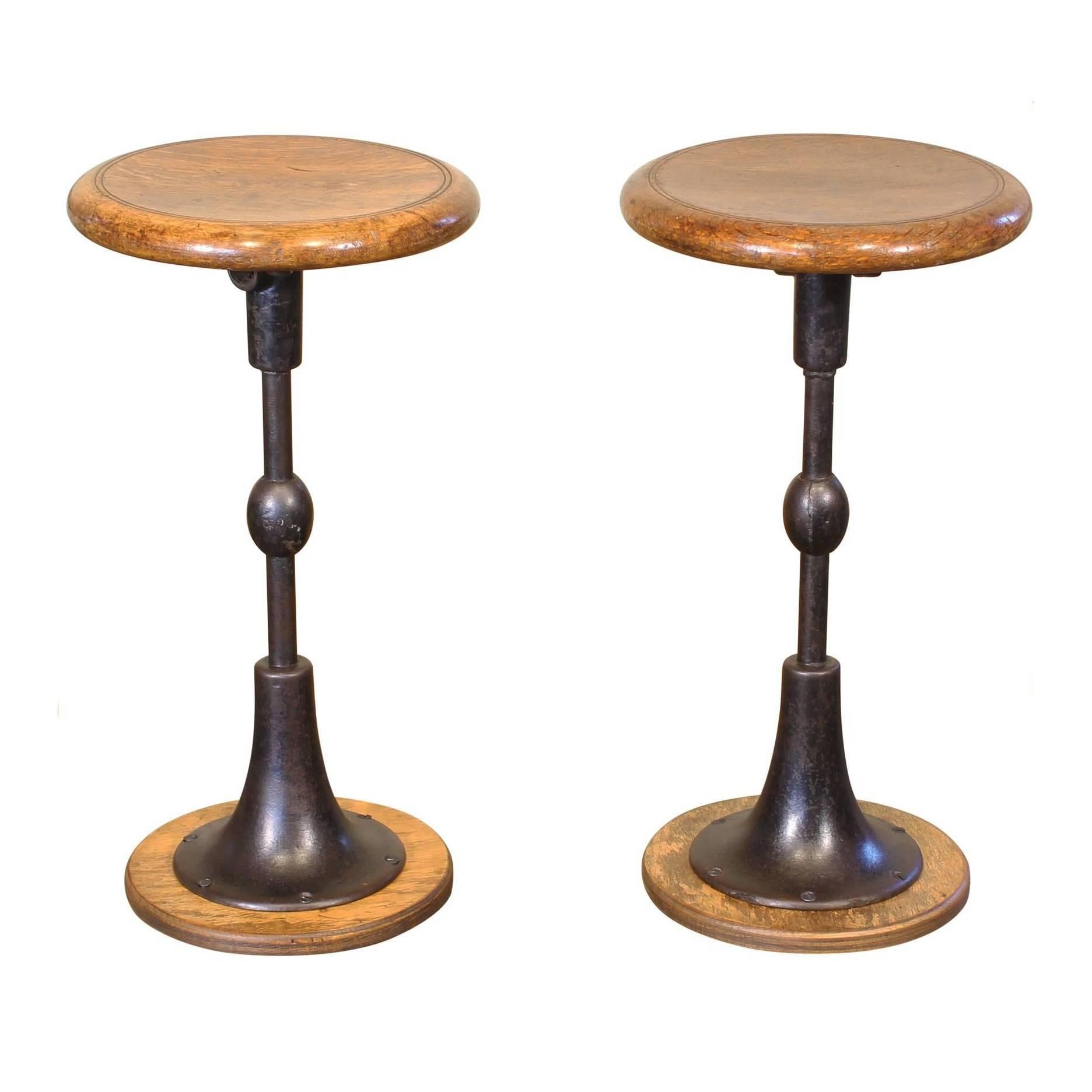 Pair of Antique Cast Iron and Oak Pedestal Stools