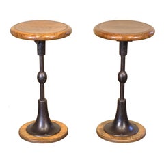 Pair of Antique Cast Iron and Oak Pedestal Stools