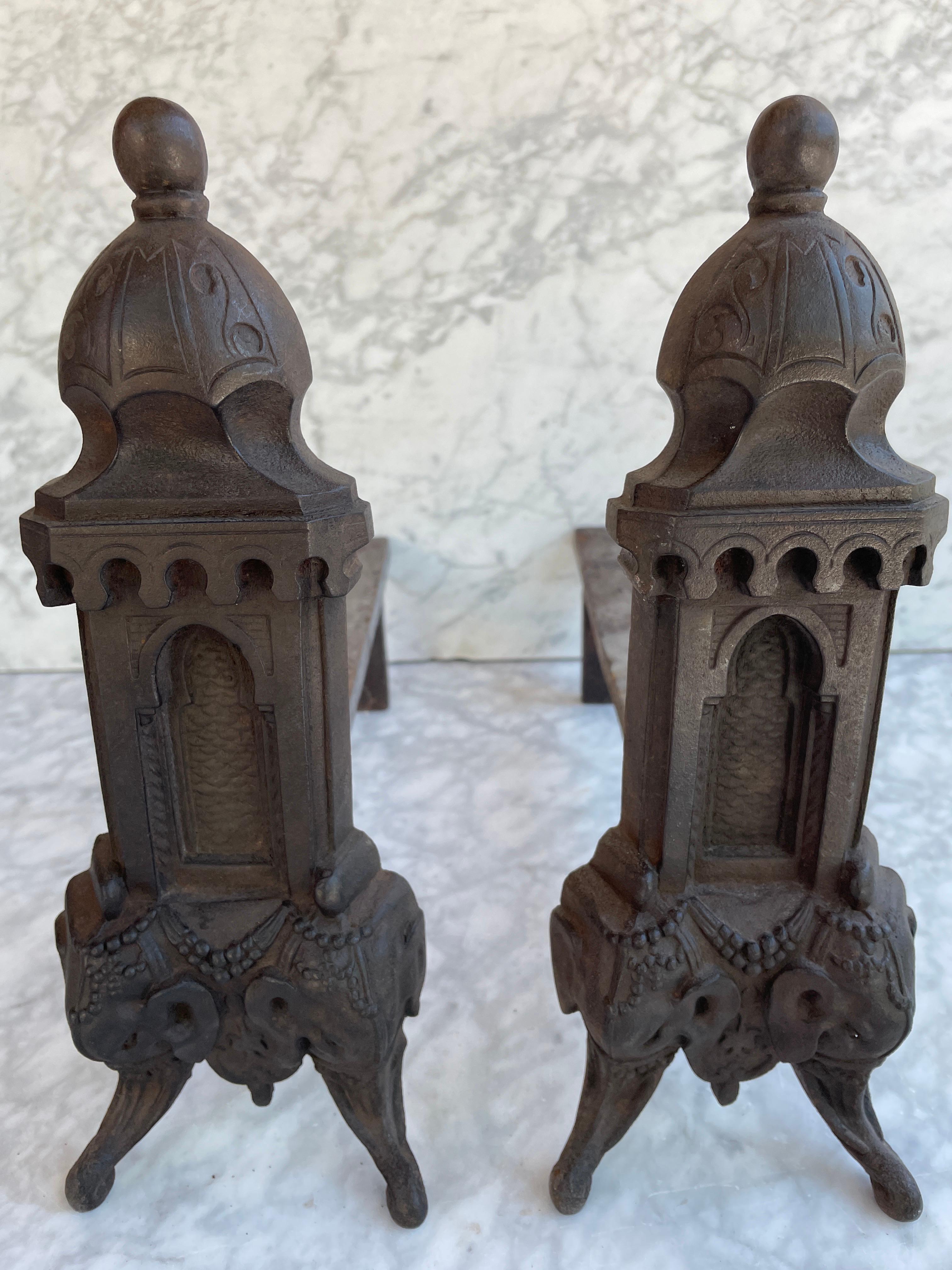 French Pair of Antique Cast iron Andirons, Firedogs For Sale