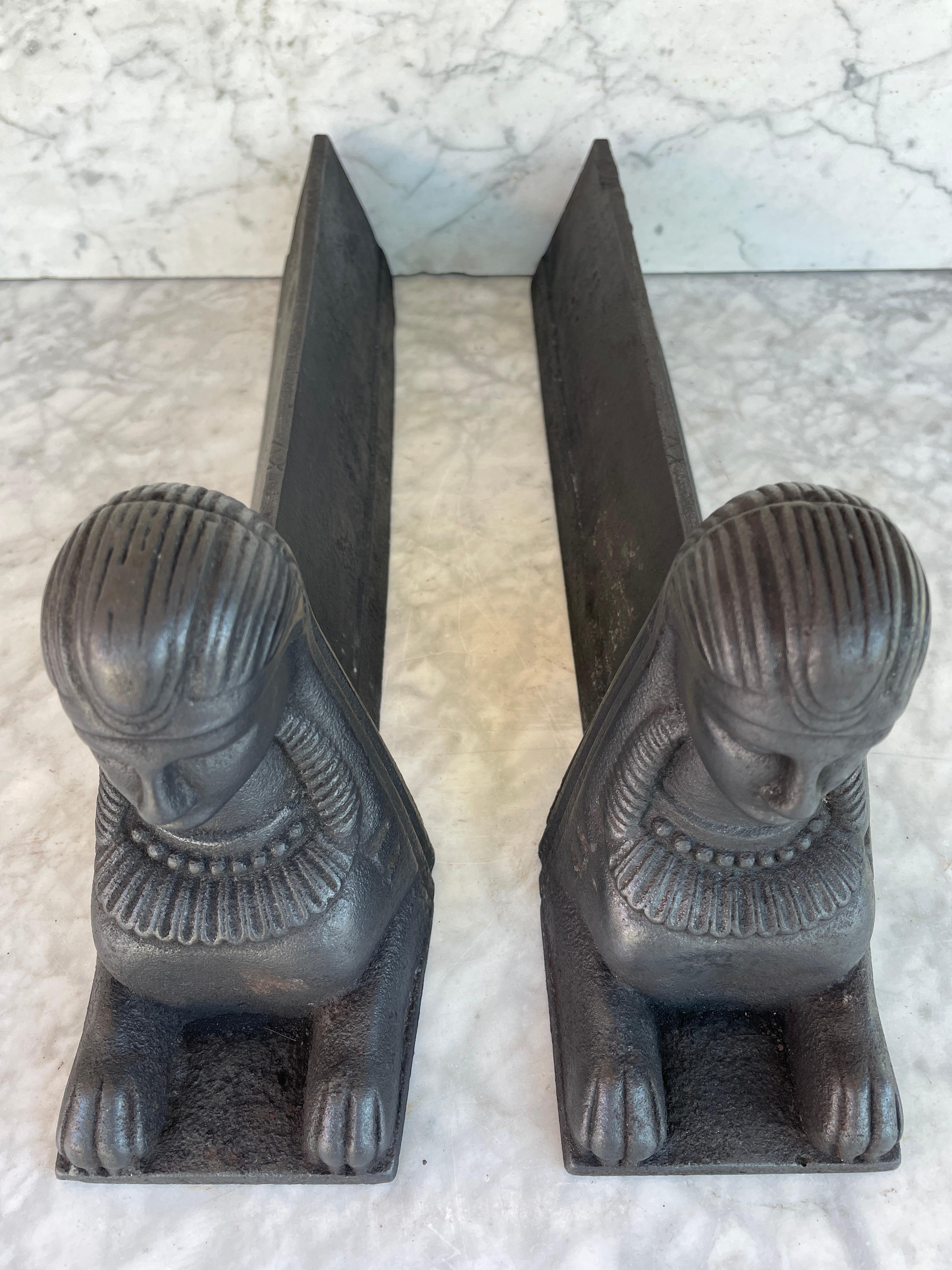 Pair of antique cast iron andirons / firedogs with sphinx.
The pair is in really nice condition.