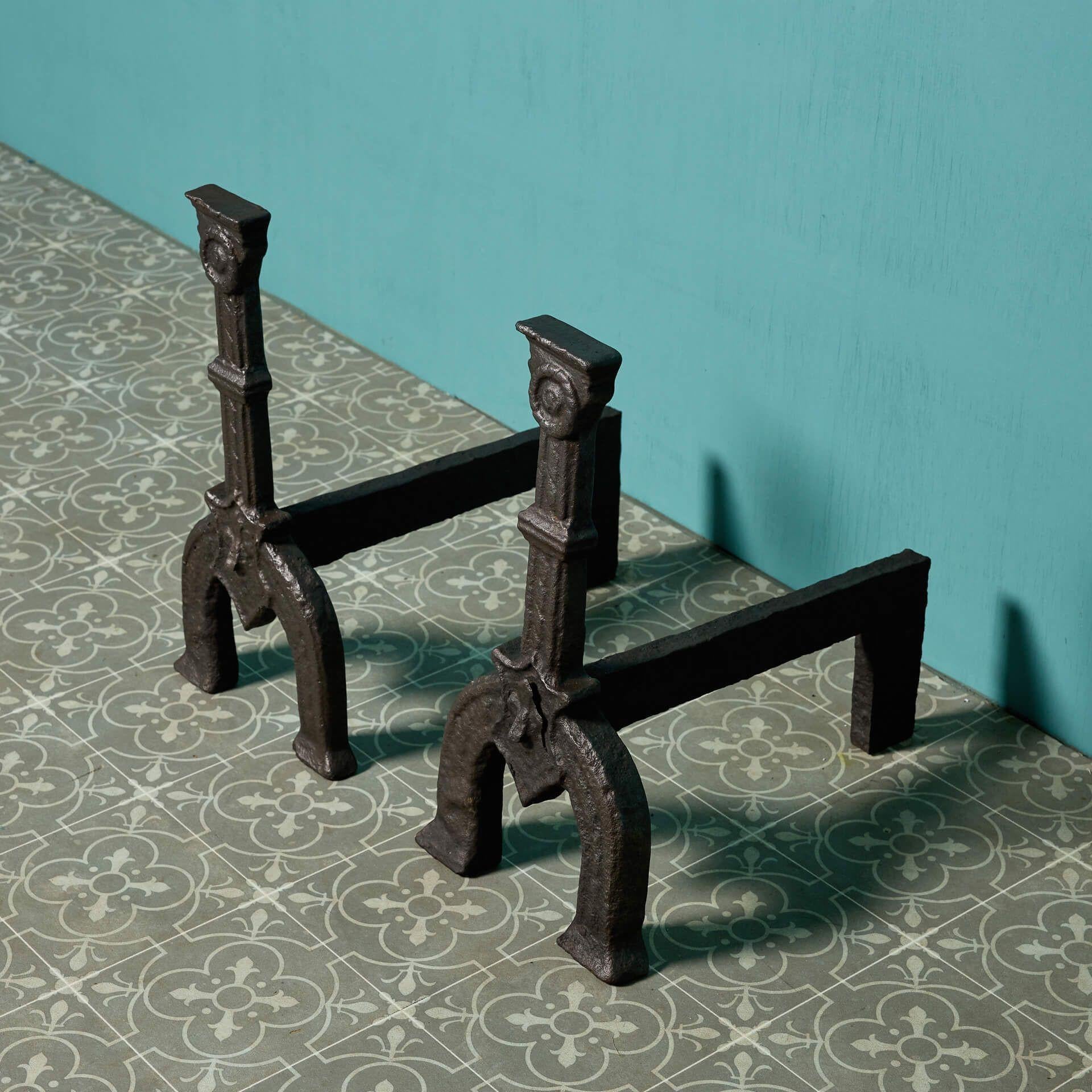 Hand-Crafted Pair of Antique Cast Iron Andirons For Sale