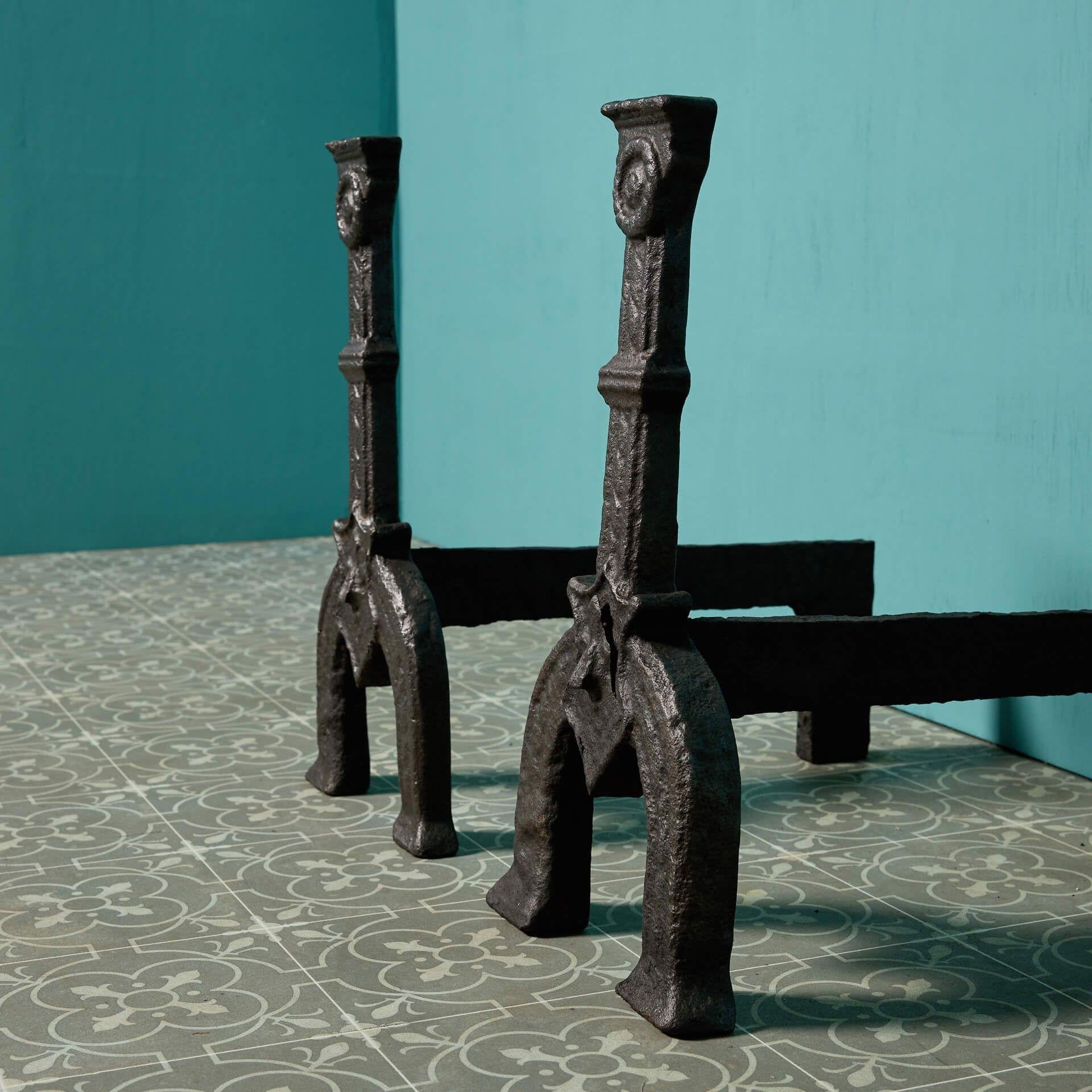 Pair of Antique Cast Iron Andirons In Fair Condition For Sale In Wormelow, Herefordshire