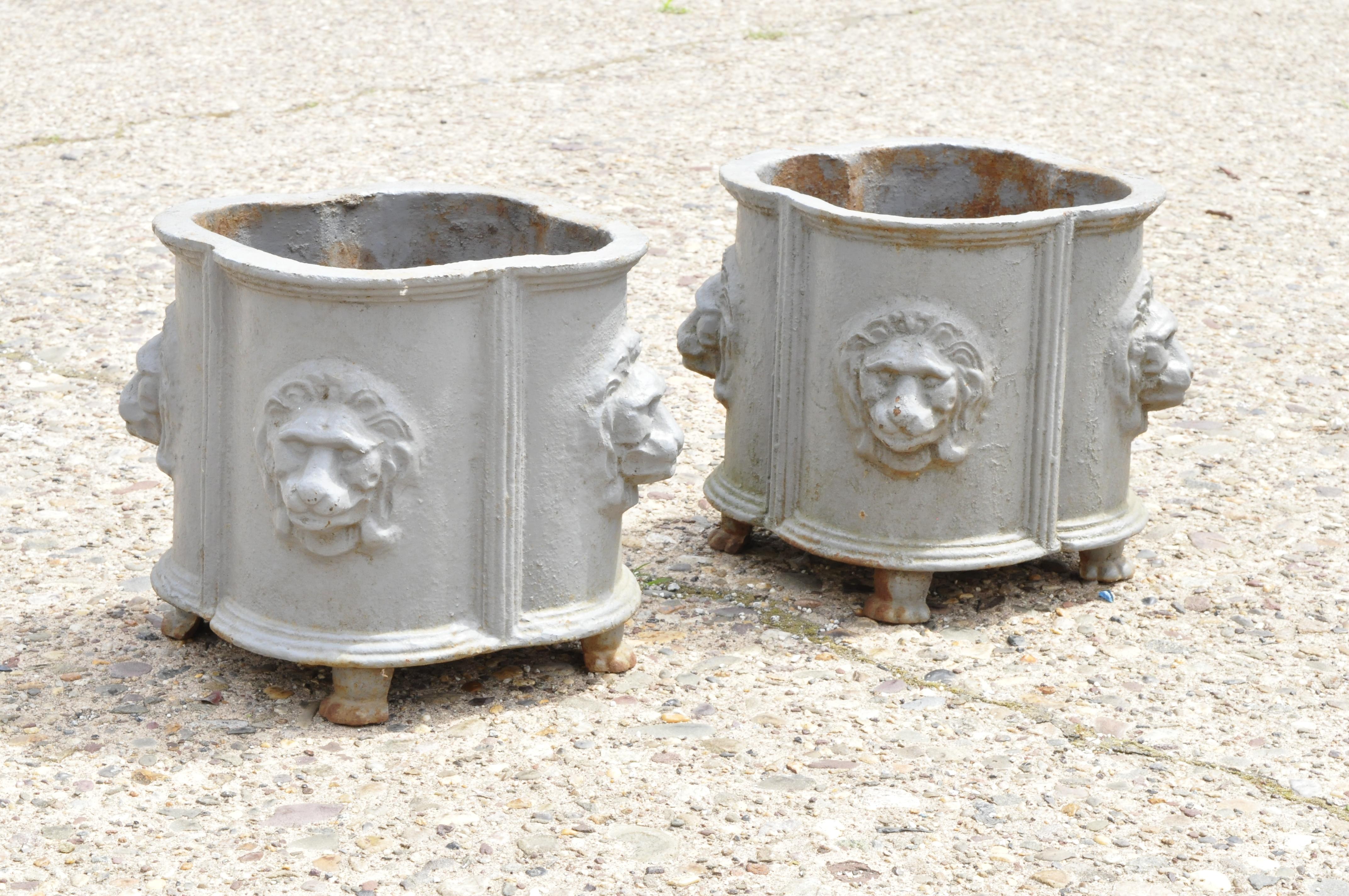 Pair of Antique Cast Iron French Empire Style Planter Pots with Lion Heads 2
