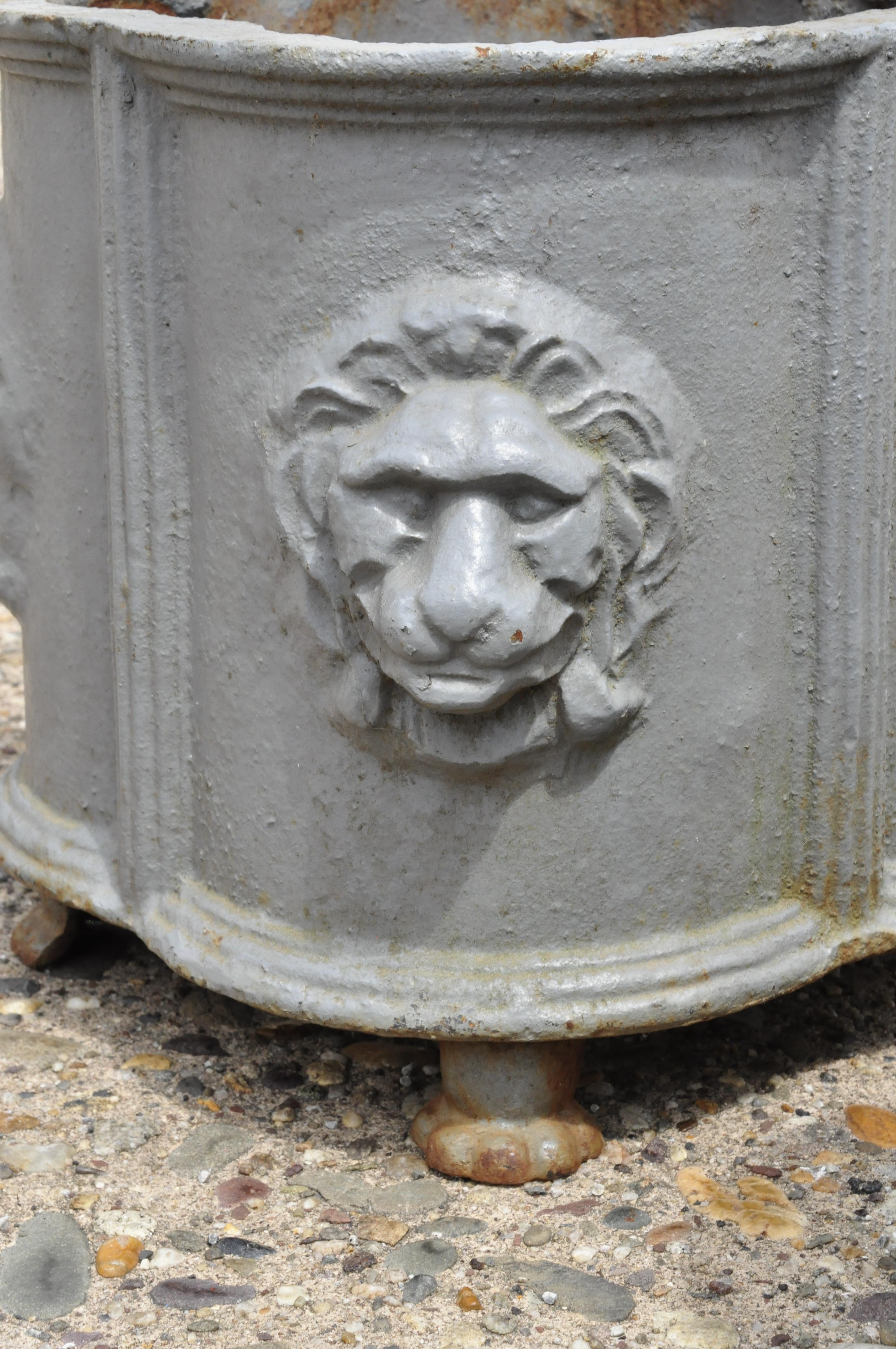 American Pair of Antique Cast Iron French Empire Style Planter Pots with Lion Heads