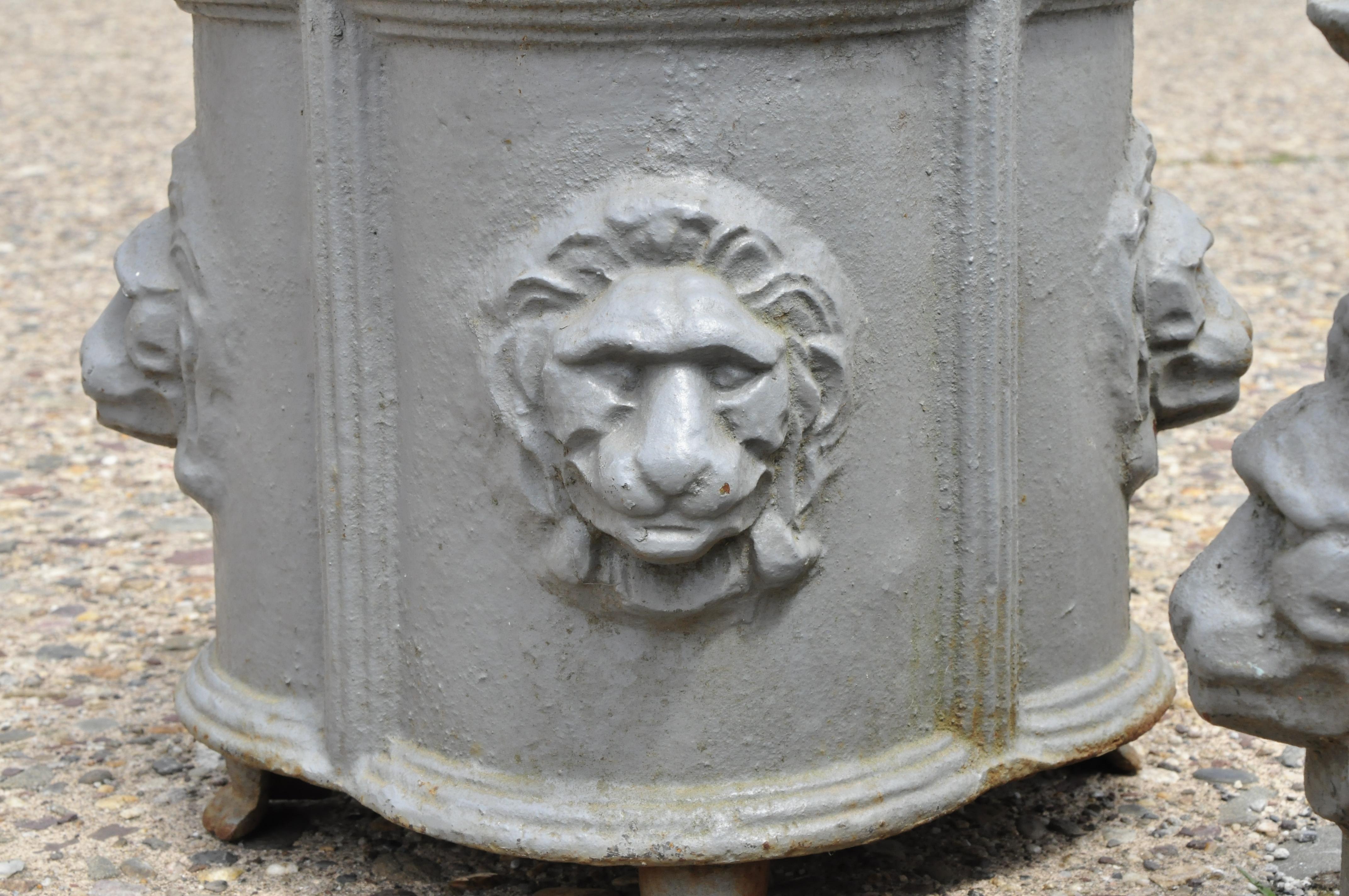 Pair of Antique Cast Iron French Empire Style Planter Pots with Lion Heads 1