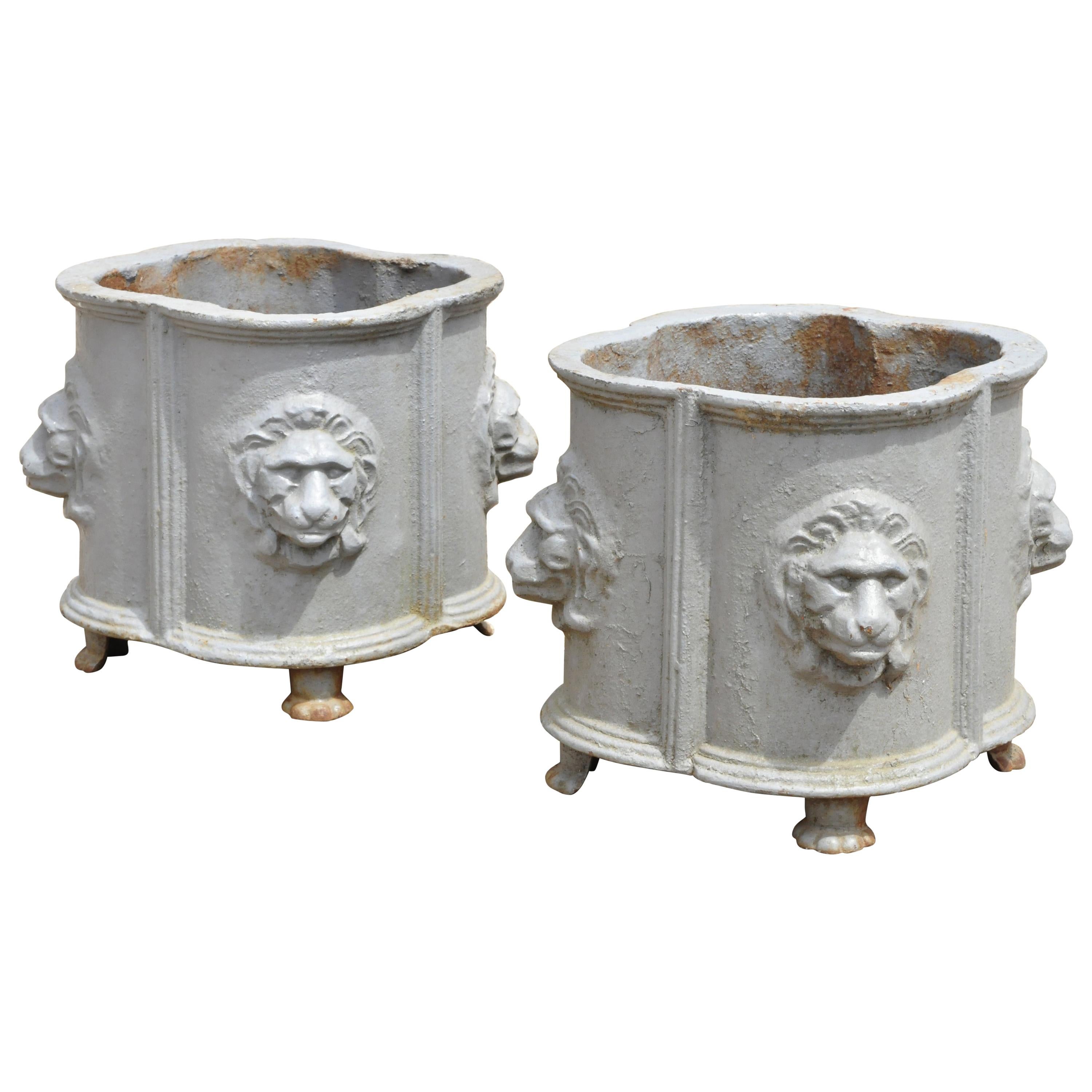 Pair of Antique Cast Iron French Empire Style Planter Pots with Lion Heads