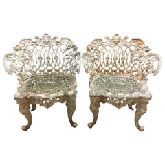 Pair of Antique Cast Iron Garden Chairs in White Paint