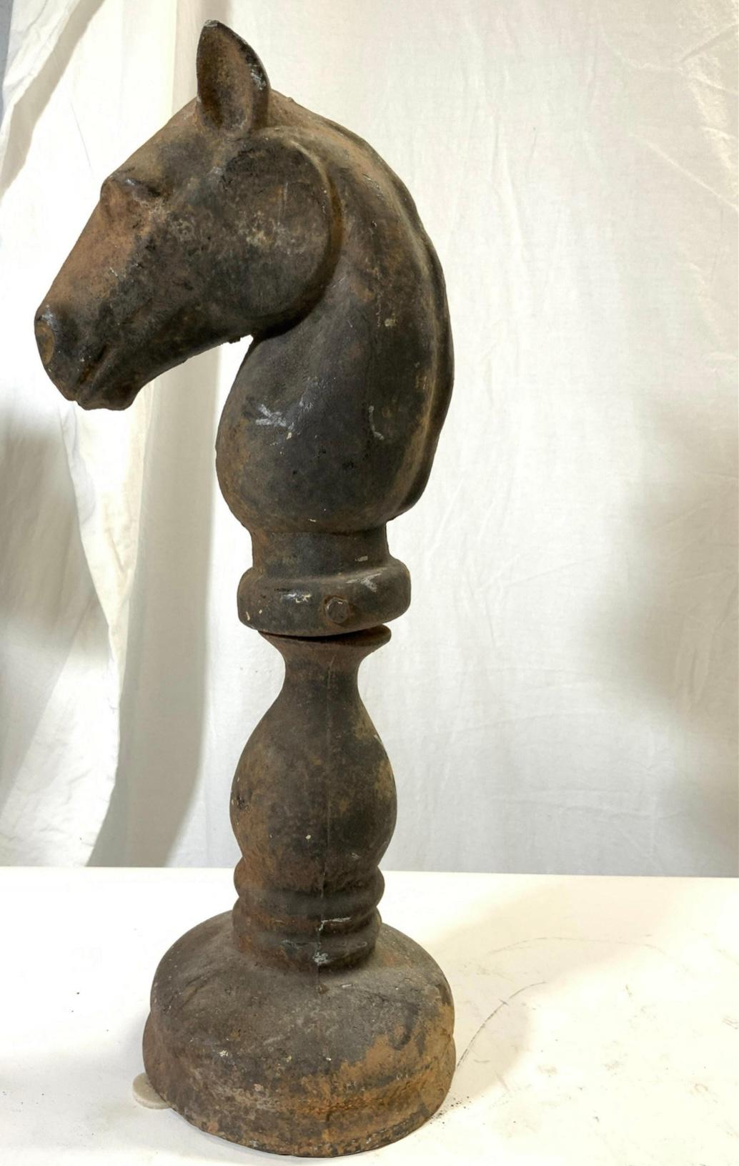 Pair of Antique Cast Iron Horse Head Hitching Post Tops.  In Distressed Condition For Sale In Chicago, IL