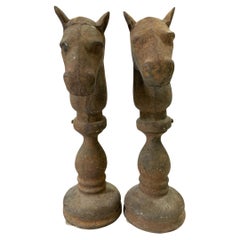 Pair of Antique Cast Iron Horse Head Hitching Post Tops. 