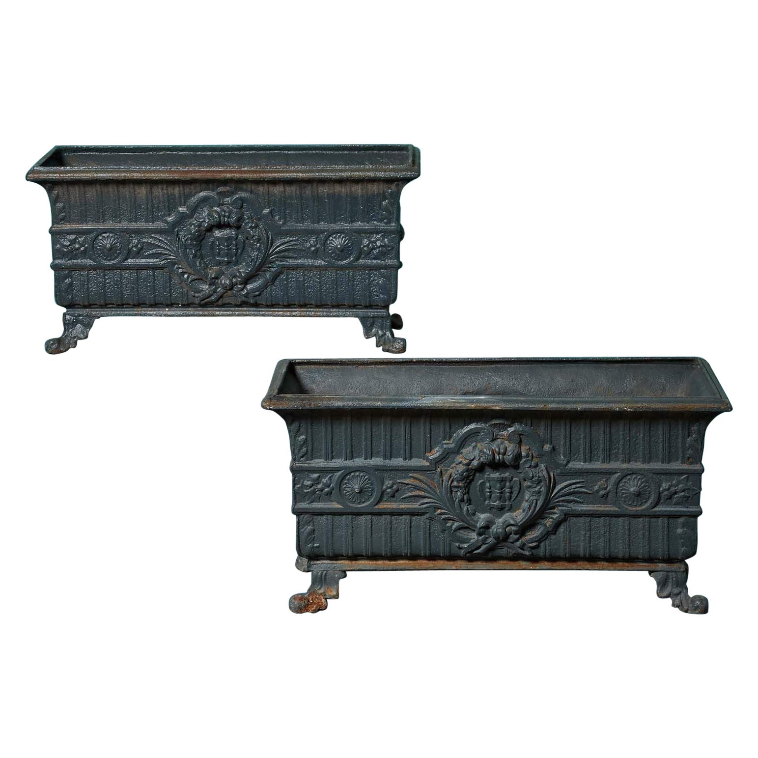 Pair of Antique Cast Iron Trough Planters For Sale