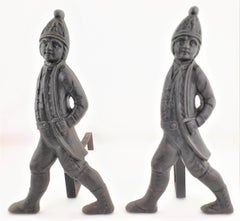 Pair of Antique Cast Metal Figural Soldier Fireplace Andirons