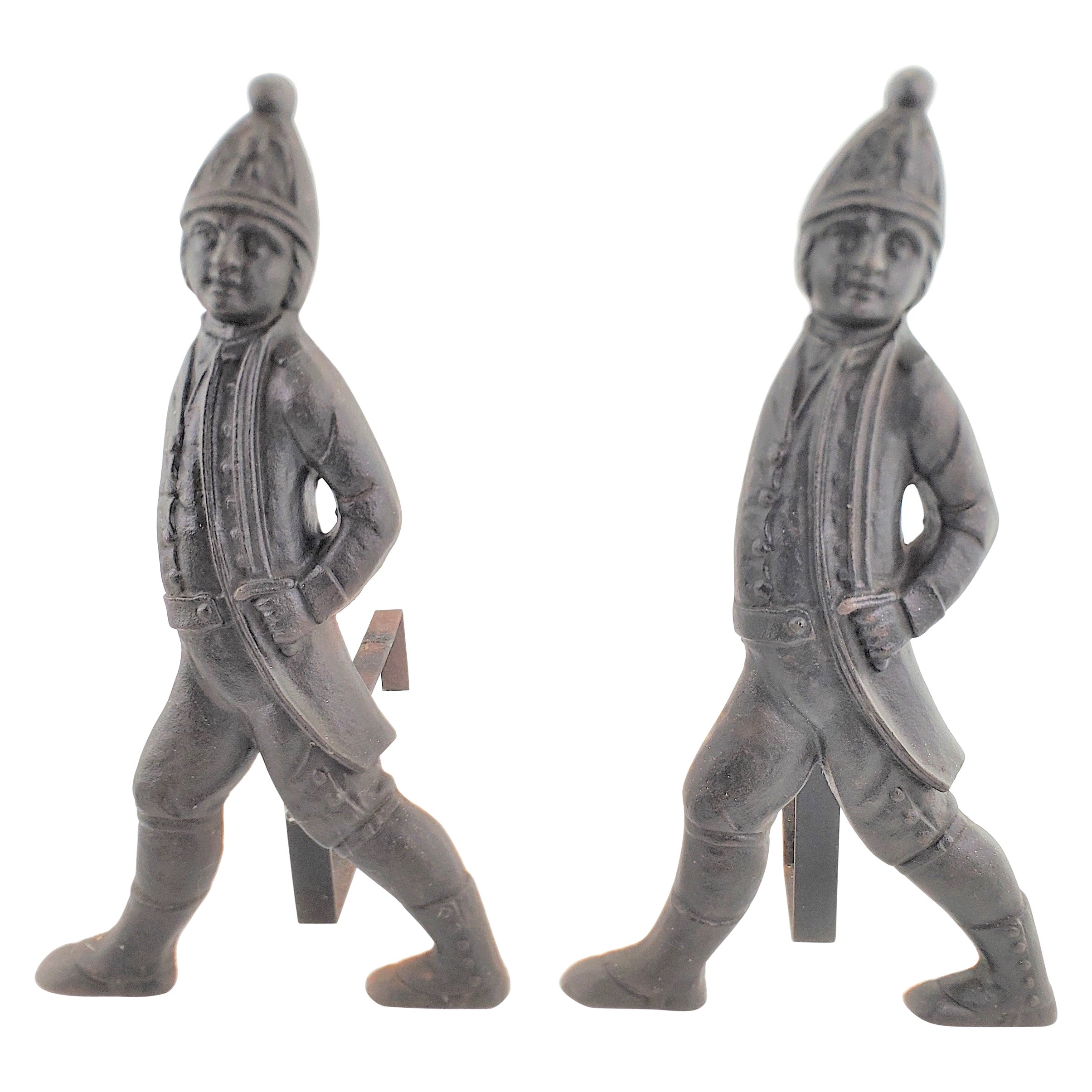 Pair of Antique Cast Metal Figural Soldier Fireplace Andirons