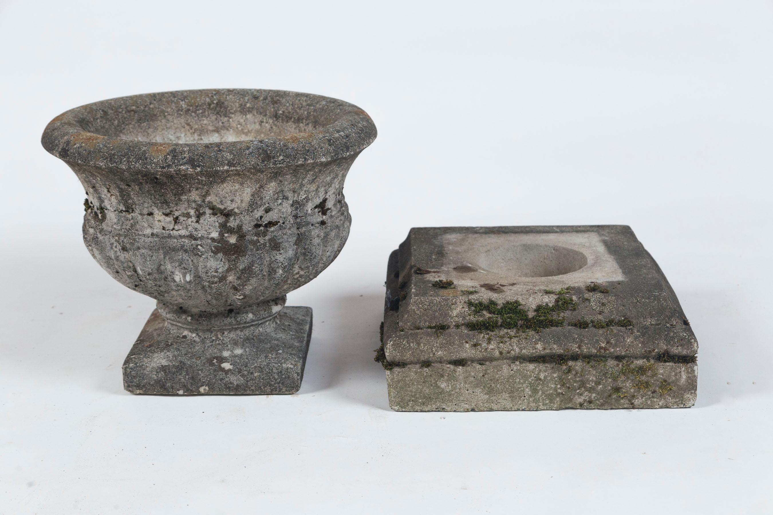 Pair of Antique Cast Stone Garden Urns on Bases, circa 1920 5