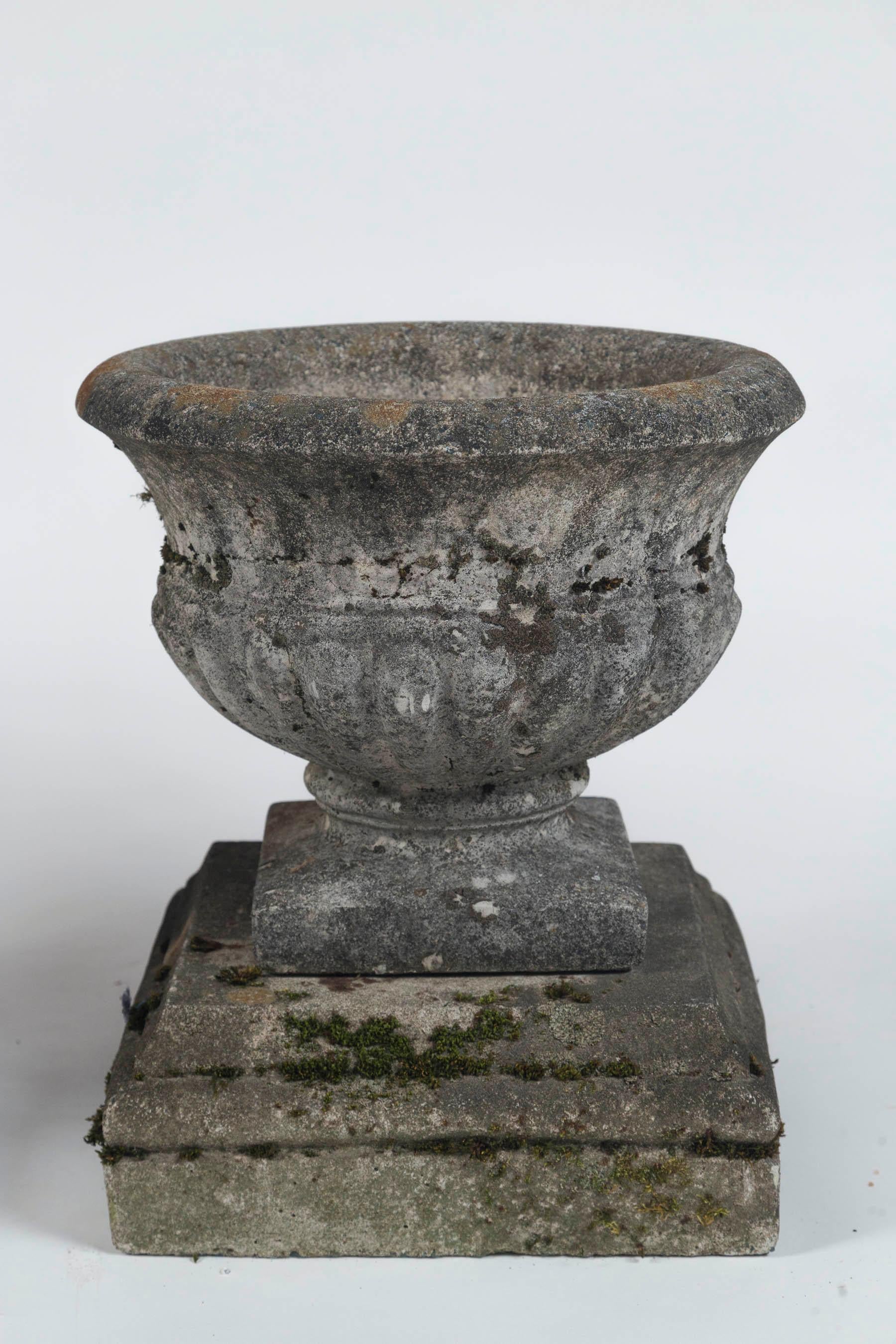 Pair of Antique Cast Stone Garden Urns on Bases, circa 1920 2