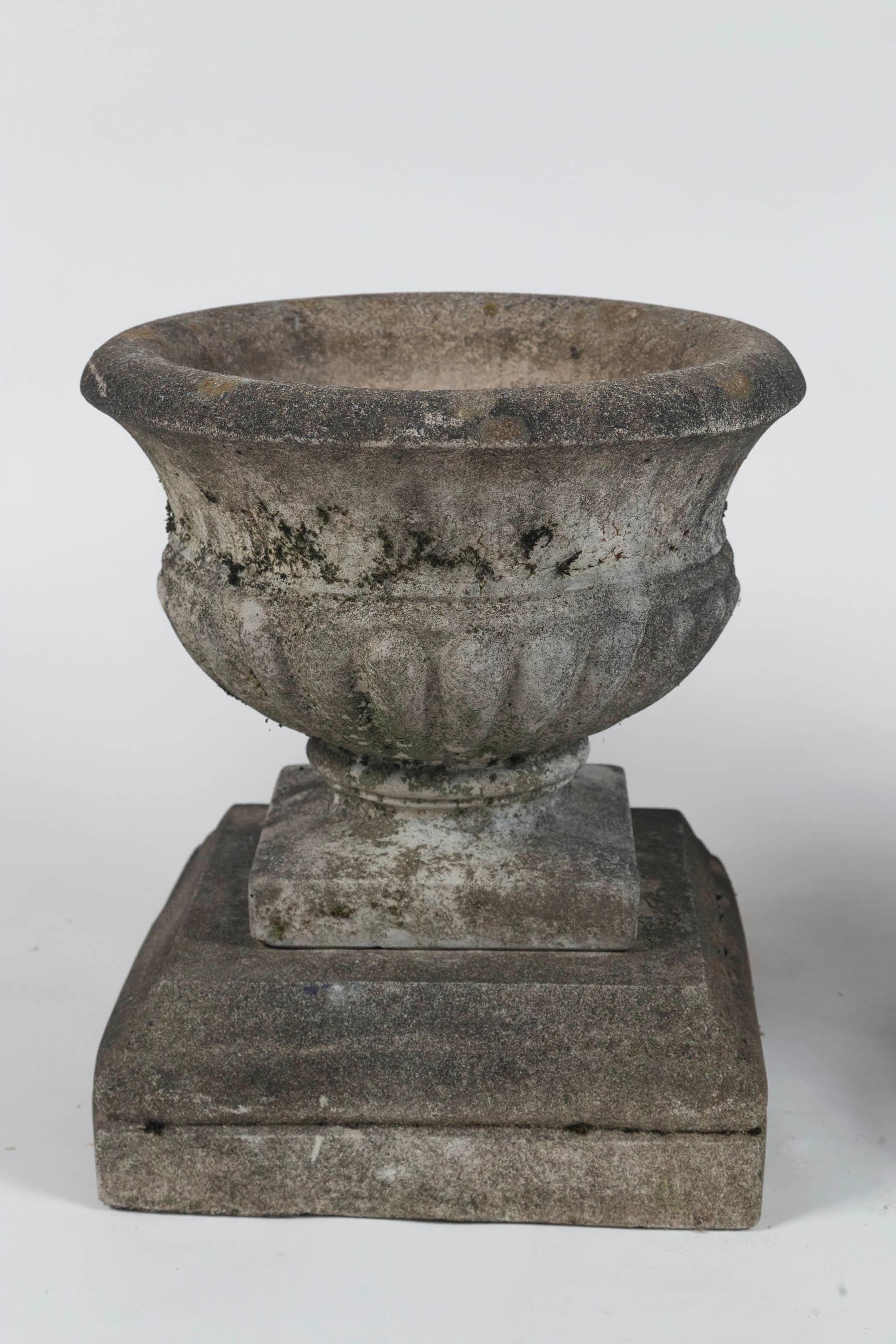 Pair of Antique Cast Stone Garden Urns on Bases, circa 1920 3