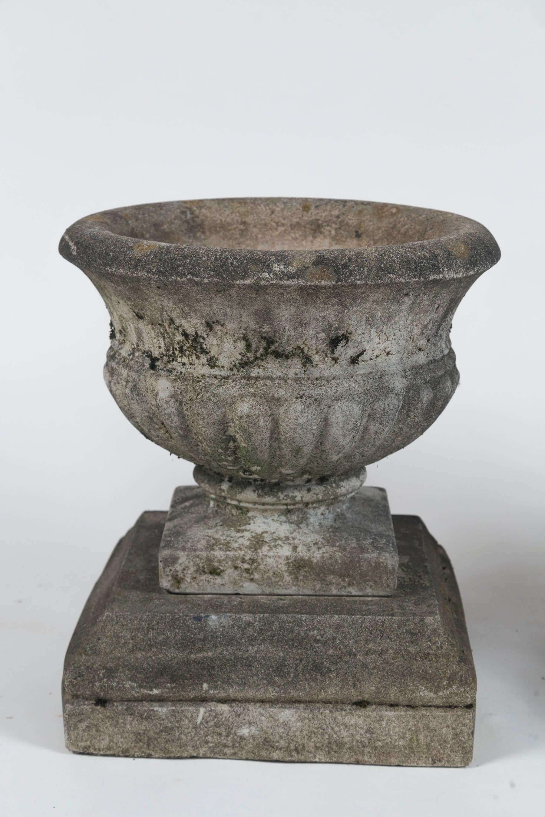 Pair of Antique Cast Stone Garden Urns on Bases, circa 1920 4