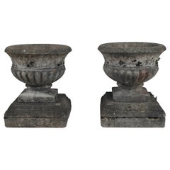 Pair of Antique Cast Stone Garden Urns on Bases, circa 1920