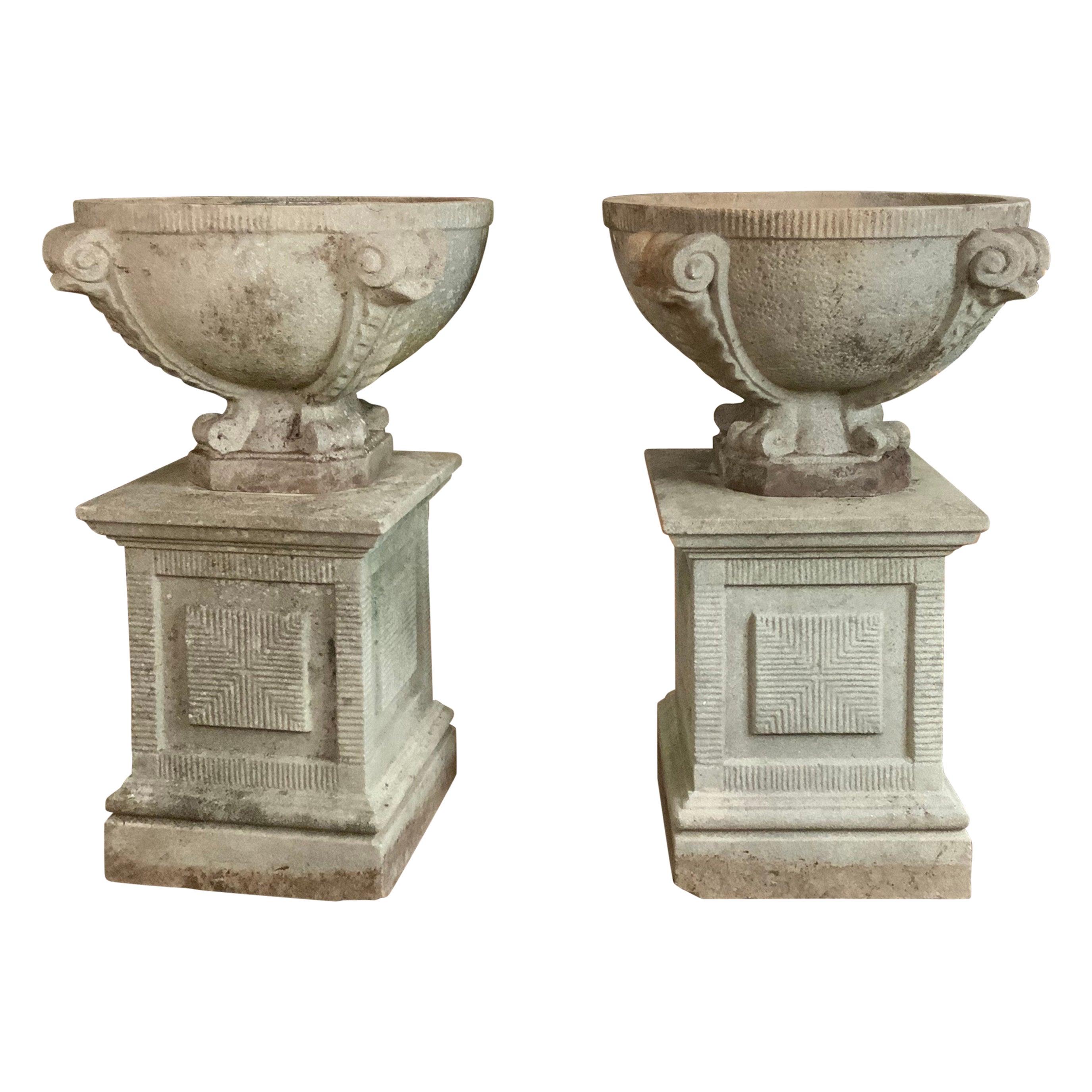 Pair of Antique Cast Stone Garden Urns on Pedestals with Fish Motif