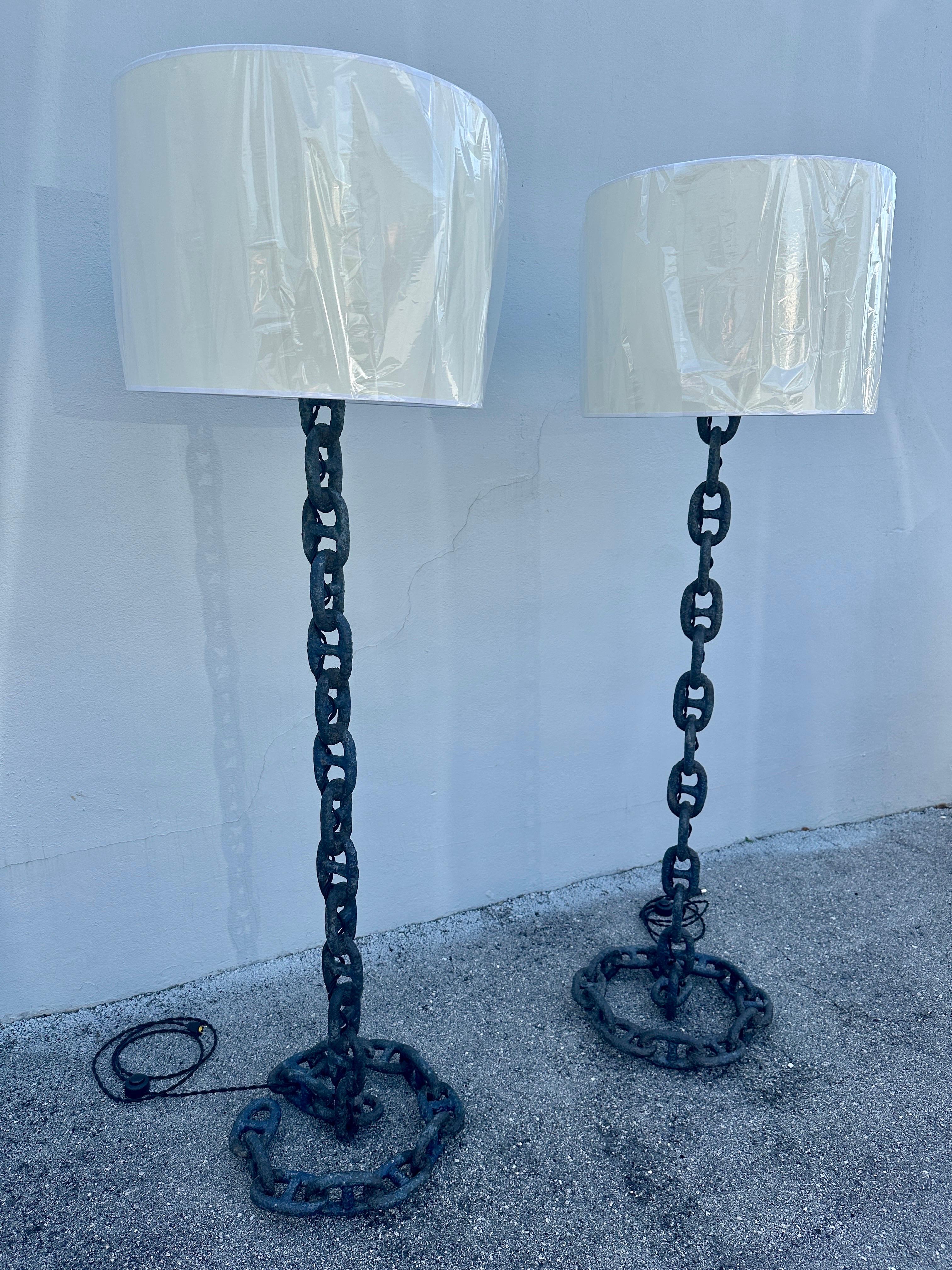 This amazing PAIR of tall antique chain link floor lamps will include the shades shown. FULLY rewired with silk twist cable and step switch and plug. The antique chain retains some of its original blue which is visible in light versus the brutal