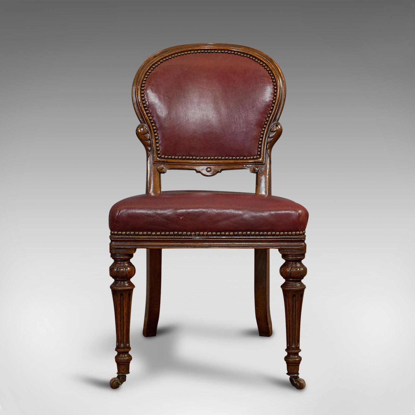 British Pair of Antique Chairs, Walnut, Leather, Seat, Doveston, Bird & Hull, Victorian