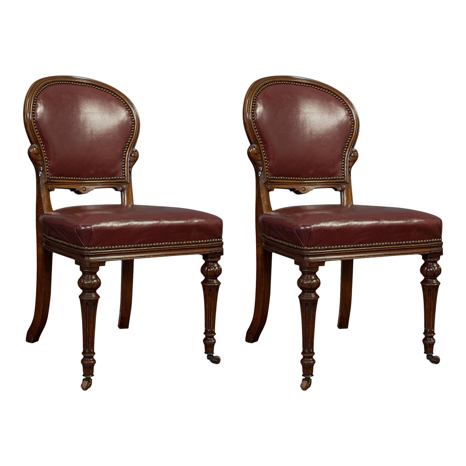 Pair of Antique Chairs, Walnut, Leather, Seat, Doveston, Bird & Hull, Victorian