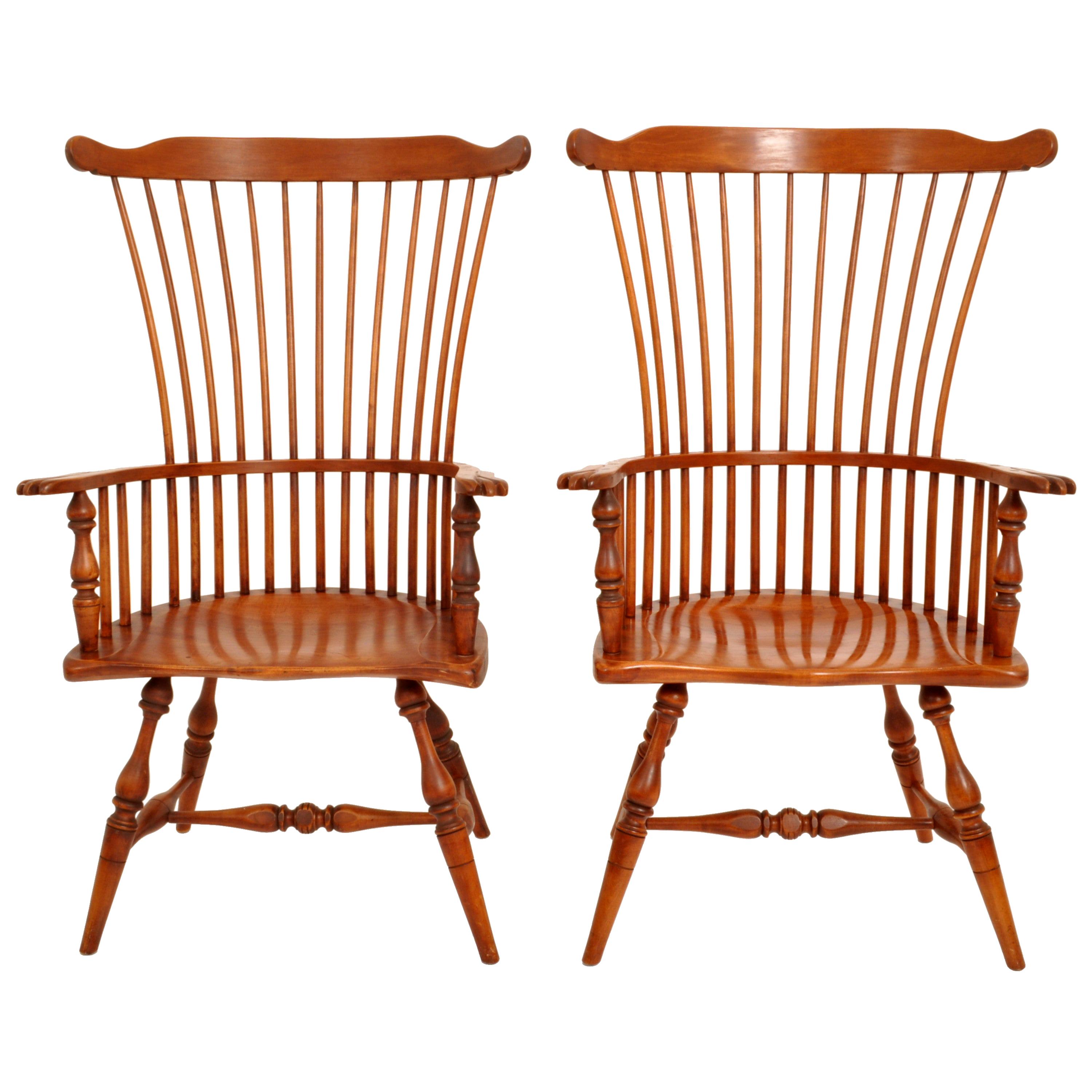 Pair of Antique Cherry Comb Fan Back Windsor Armchairs Pennsylvania, circa 1900