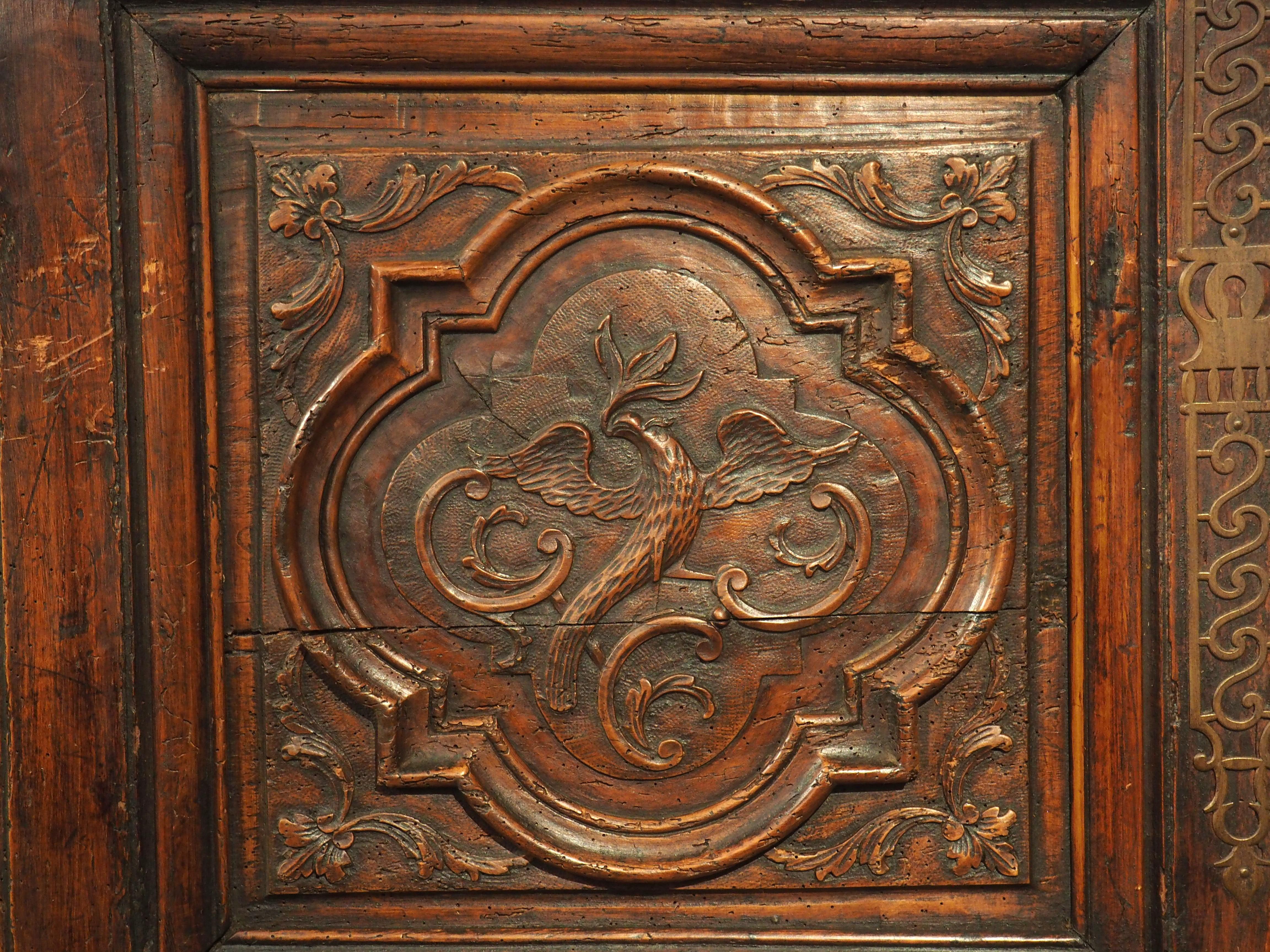 Hand-Carved Pair of Antique Cherry Wood Armoire Doors from Rennes, France, Circa 1720