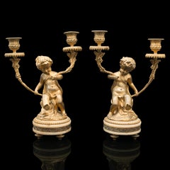 Coppia di candelabri cherubici antichi, francesi, dorati, in onice, decorativi, vittoriani