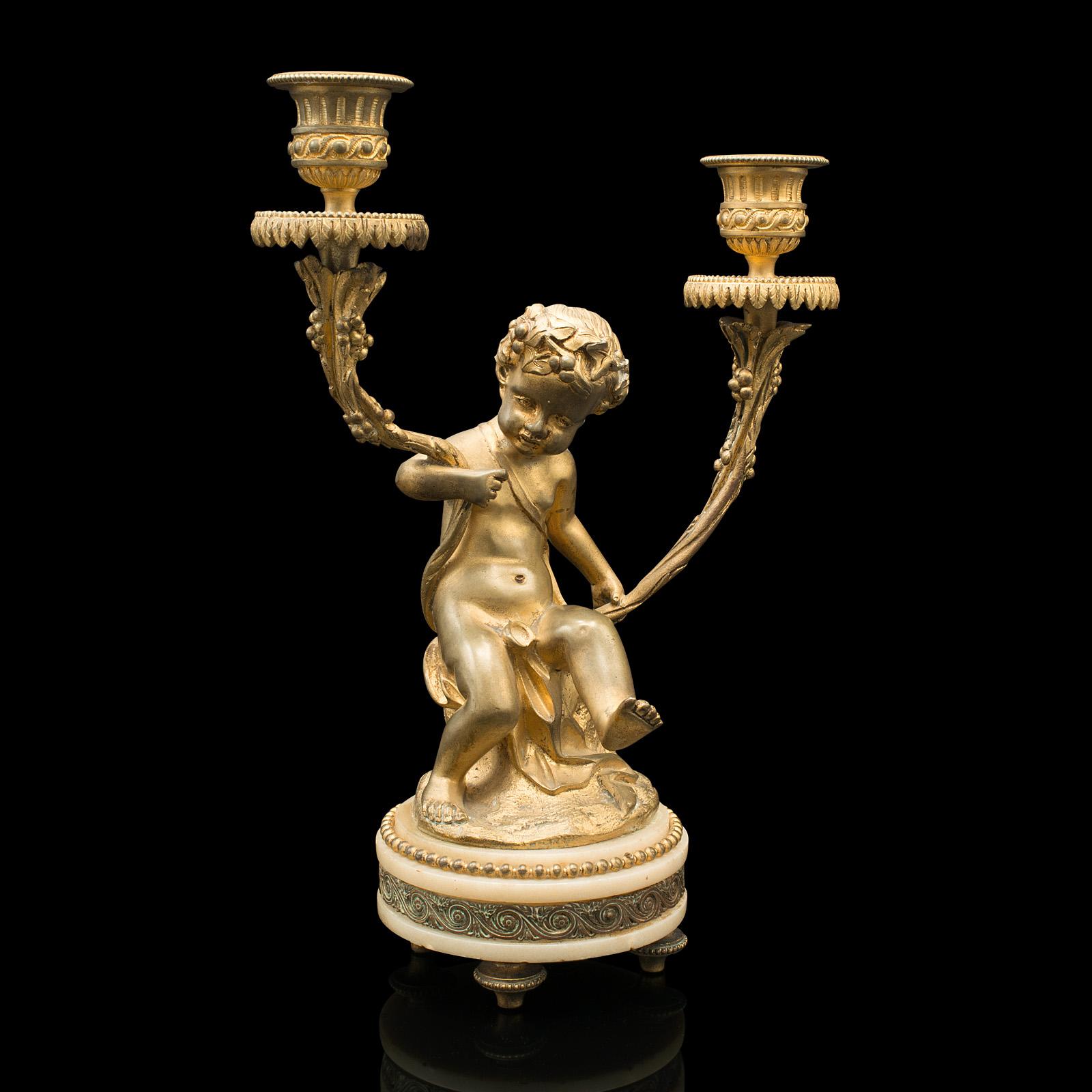 Pair Of Antique Cherubic Candlesticks, French, Gilt, Onyx, Decorative, Victorian 3