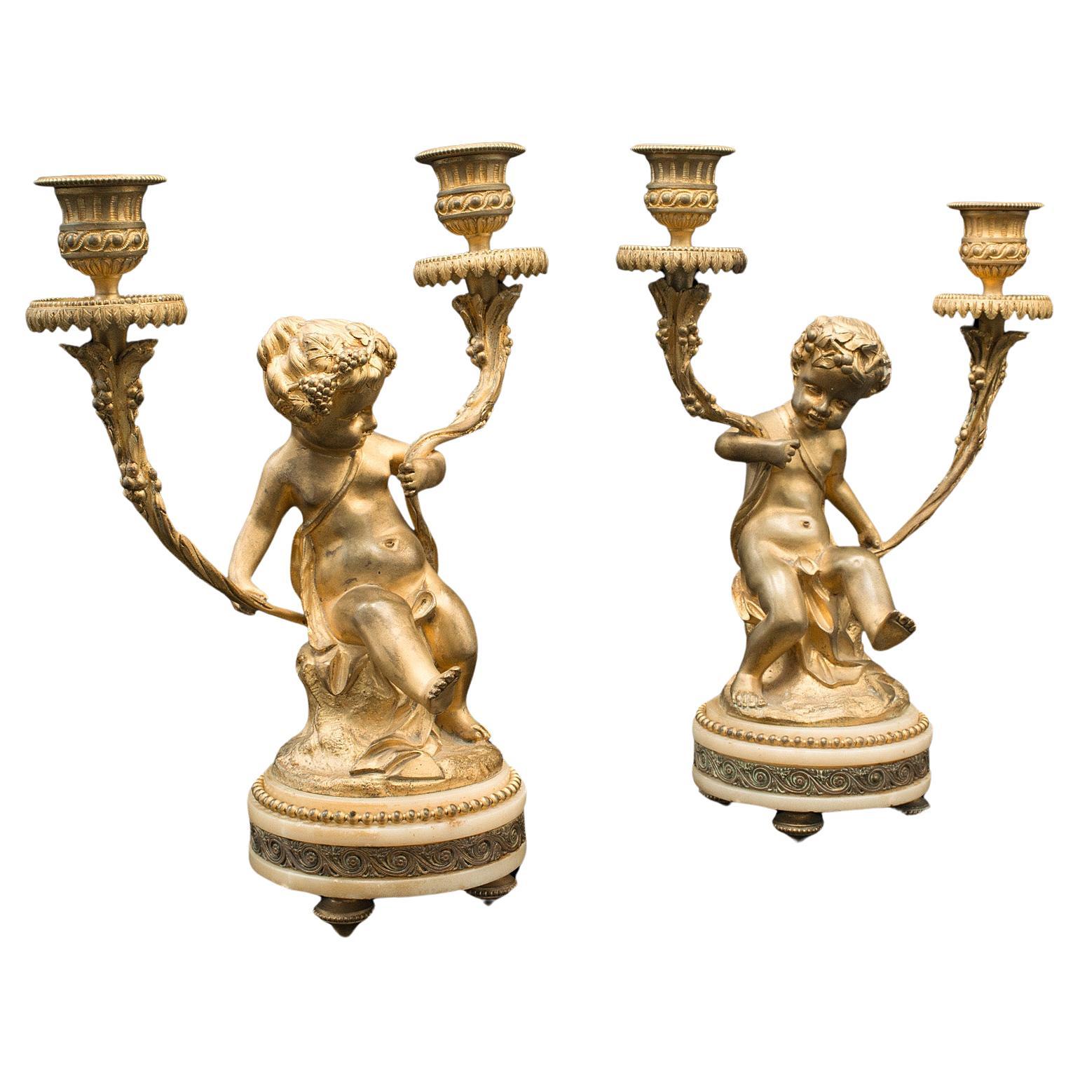 Pair Of Antique Cherubic Candlesticks, French, Gilt, Onyx, Decorative, Victorian