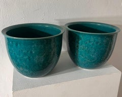 Pair of Antique Chinese 19th cent Turquoise Enameled Ceramic pot holder
