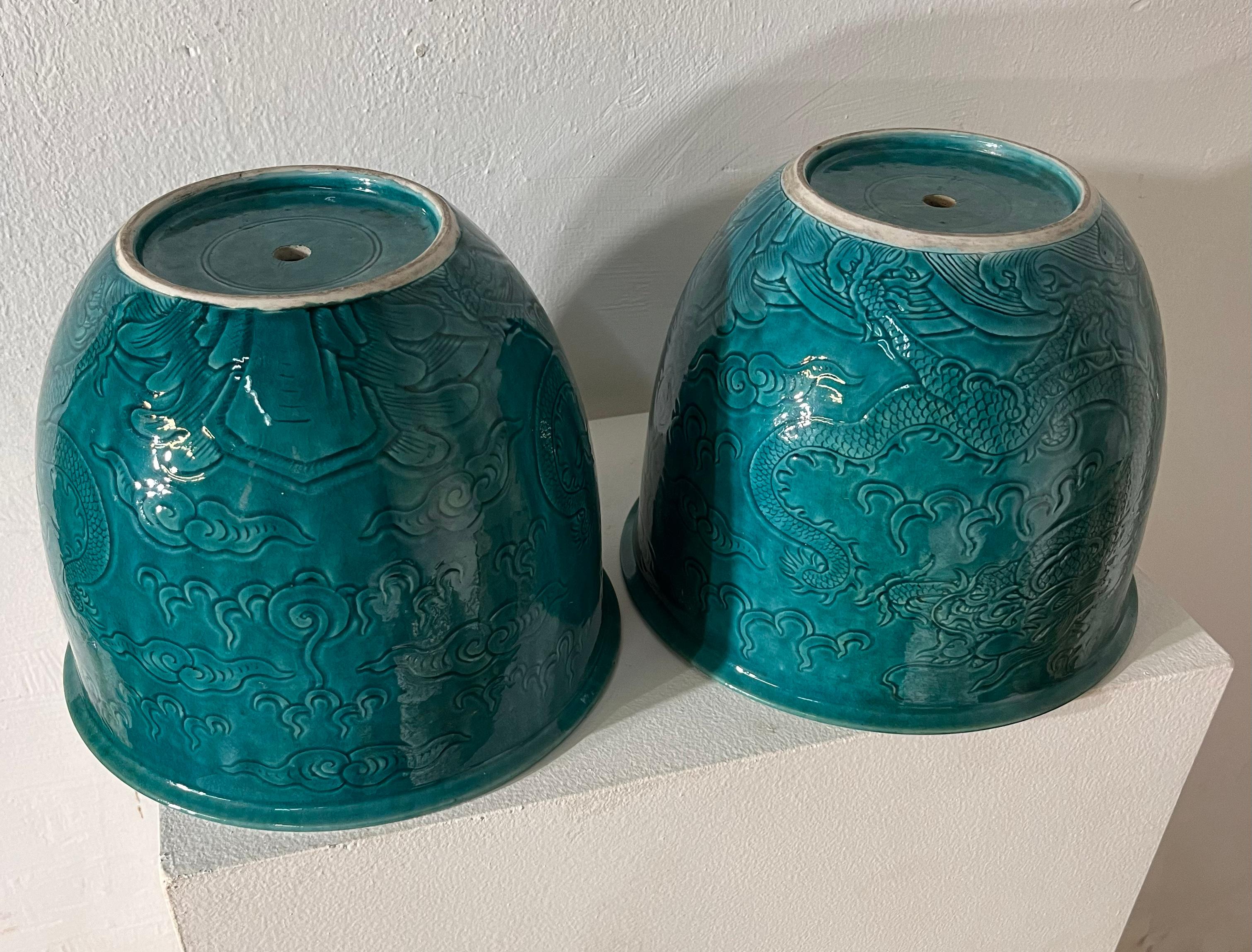 Pair of Antique Chinese 19th cent Turquoise Enameled Ceramic pot holder In Fair Condition For Sale In Miami, FL