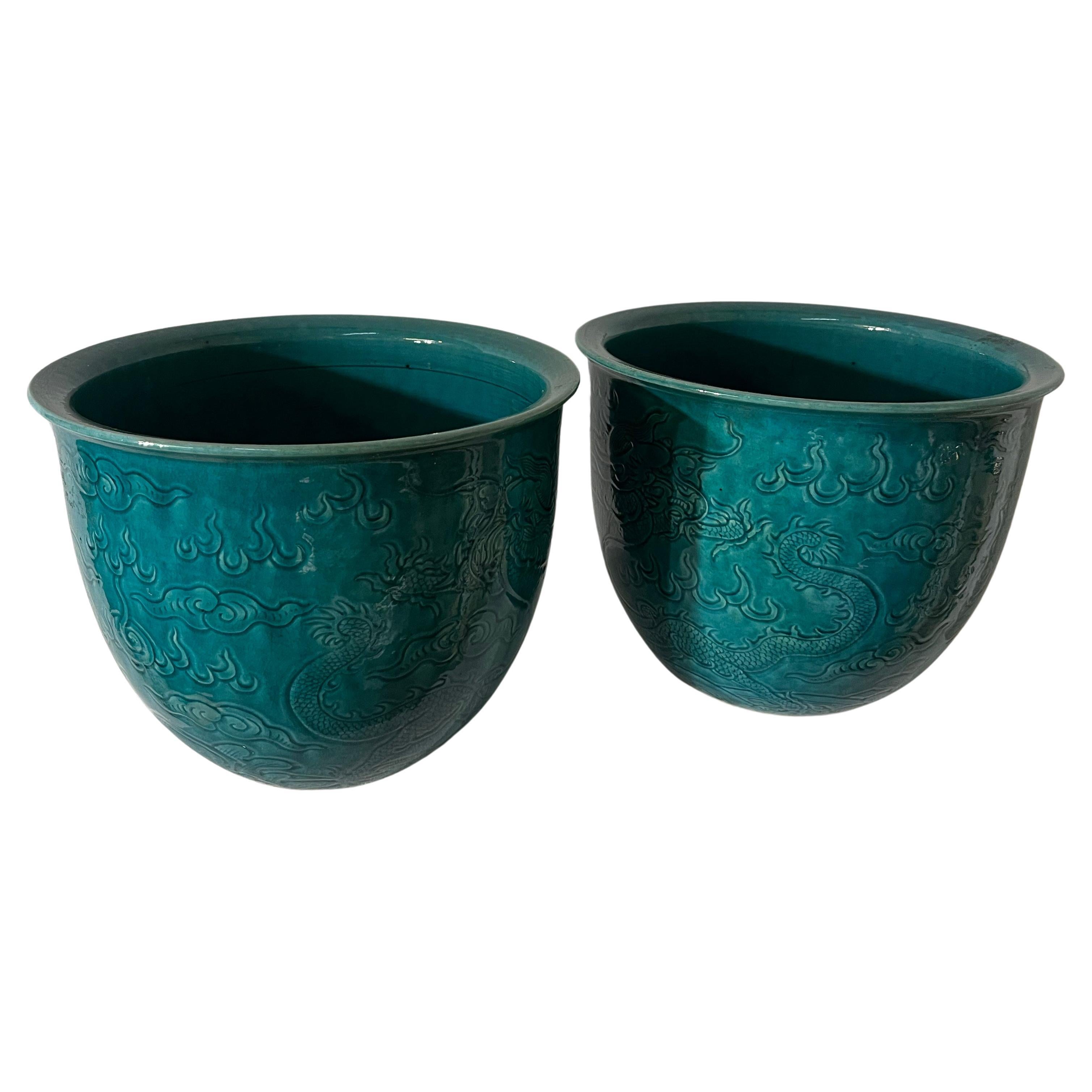 Pair of Antique Chinese 19th cent Turquoise Enameled Ceramic pot holder For Sale