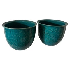 Pair of Antique Chinese 19th cent Turquoise Enameled Ceramic pot hold