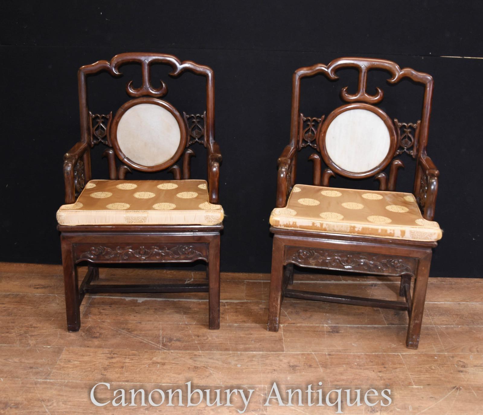 Pair of Antique Chinese Armchairs Hardwood Seat Chairs For Sale 4