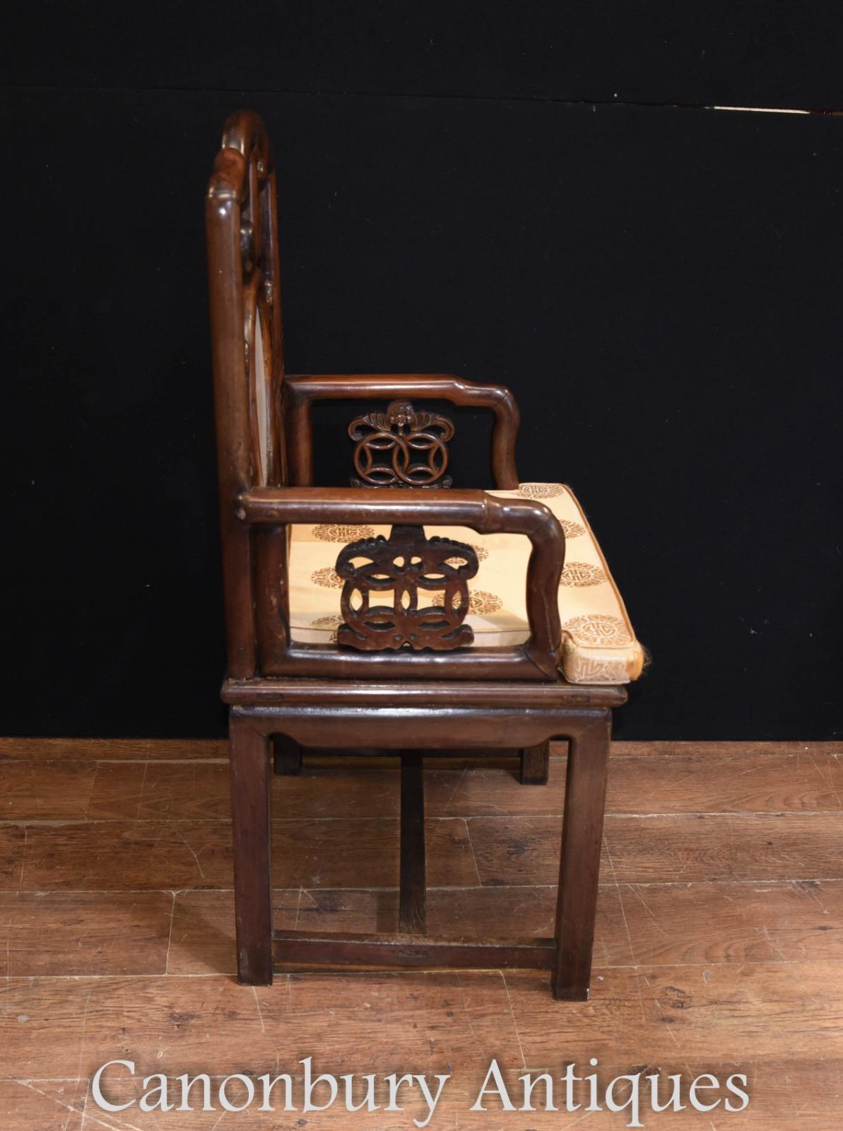 Pair of Antique Chinese Armchairs Hardwood Seat Chairs In Good Condition For Sale In Potters Bar, GB