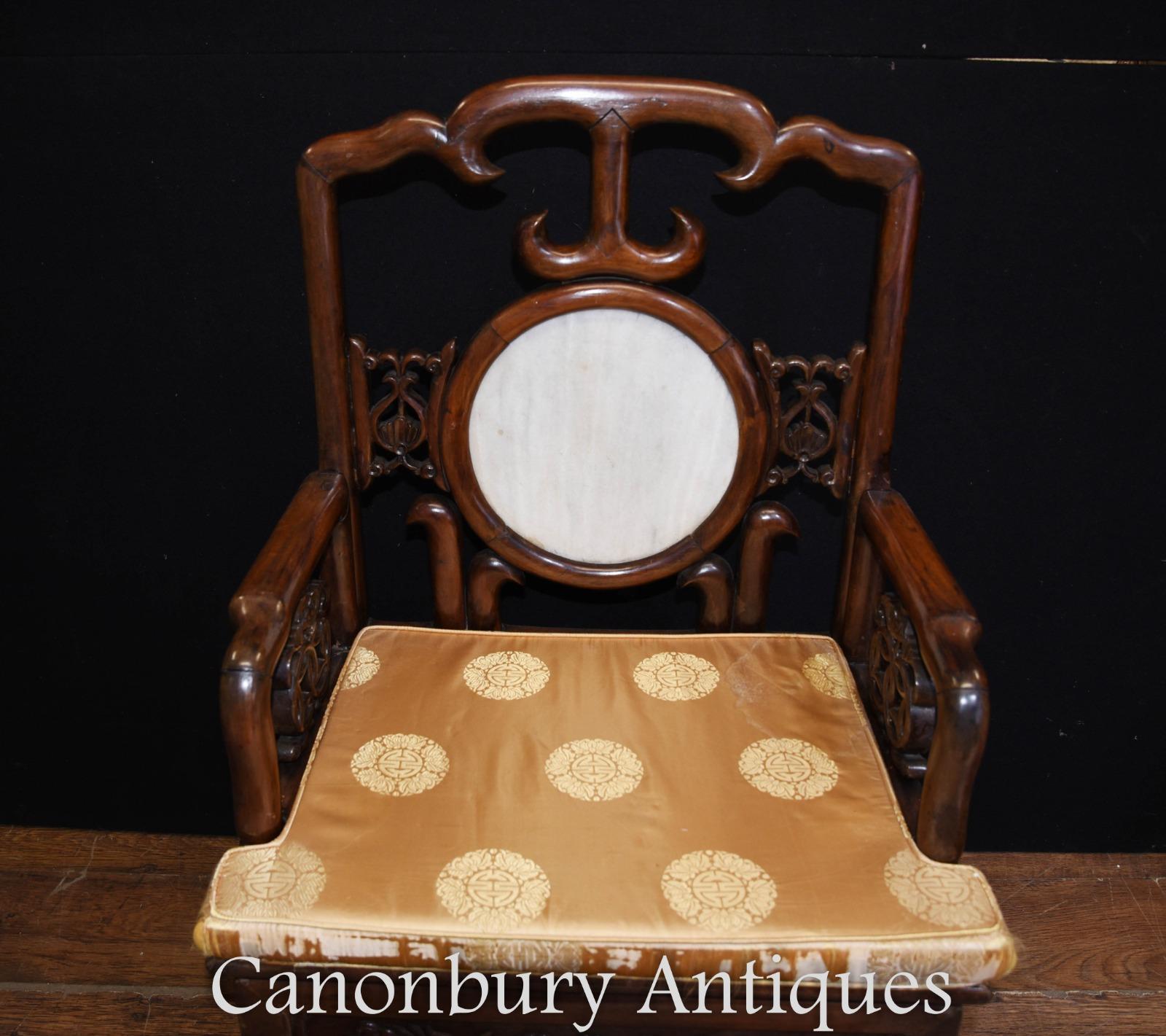 Early 20th Century Pair of Antique Chinese Armchairs Hardwood Seat Chairs For Sale