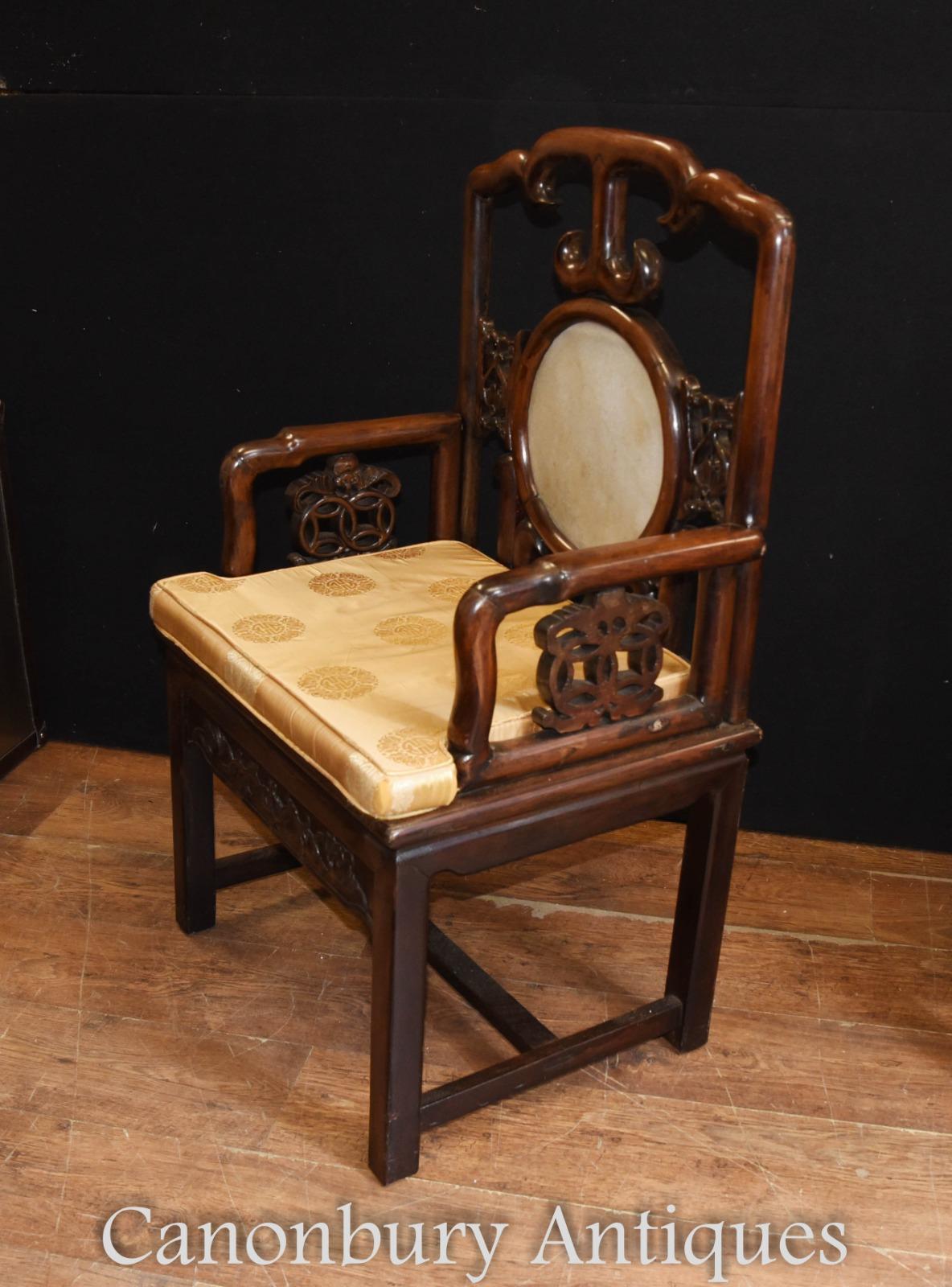 Pair of Antique Chinese Armchairs Hardwood Seat Chairs For Sale 2