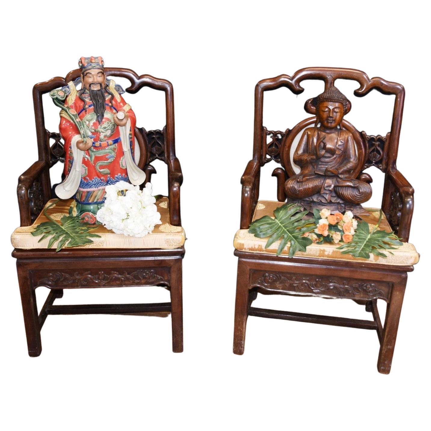 Pair of Antique Chinese Armchairs Hardwood Seat Chairs For Sale