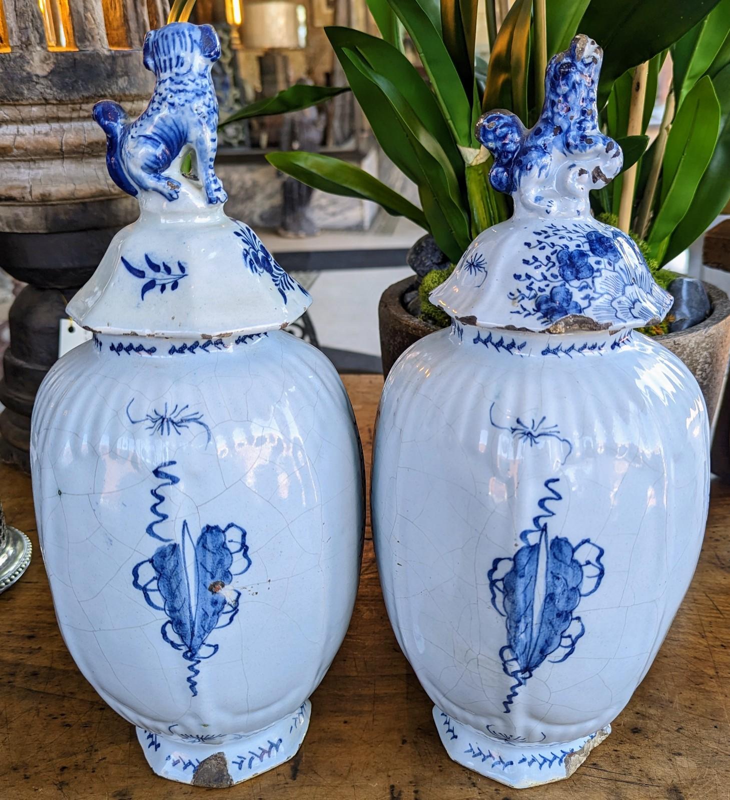19th Century Pair of Antique European Chinoiserie Asian Porcelain Temple Jars Blue & White For Sale