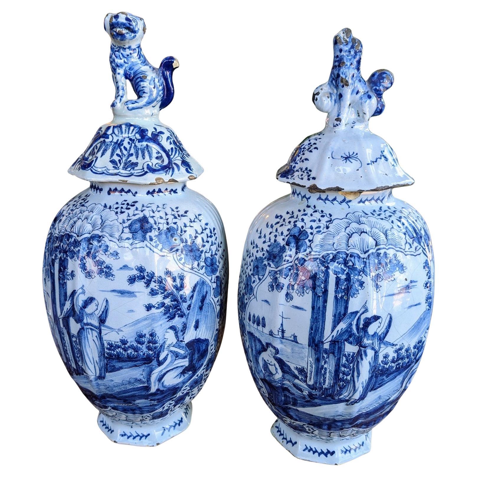 Pair of Antique European Chinoiserie Asian Porcelain Temple Jars Blue & White For Sale