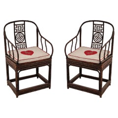 Pair of Antique Chinese Bamboo and Heart Cushion Chairs