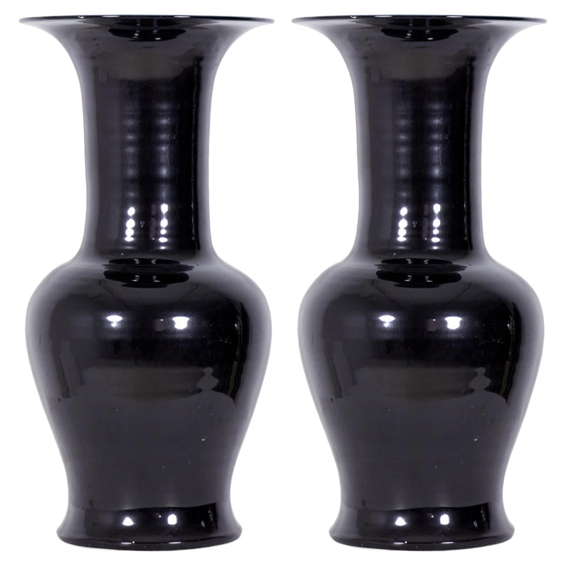 Paire de vases anciens en porcelaine de Chine à glaçure noire en forme de queue de phénix