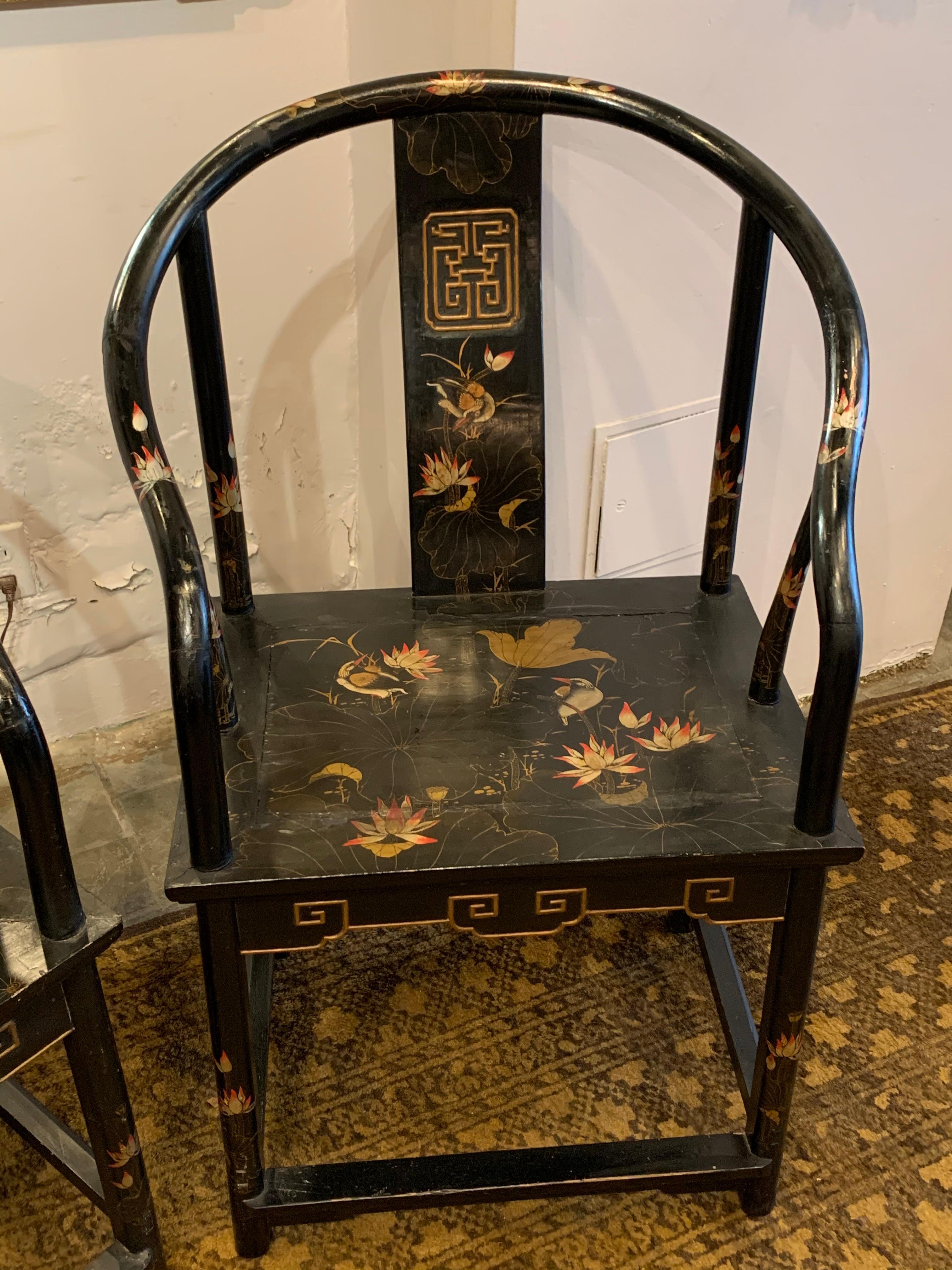 Pair of Antique Chinese Black Lacquer Armchairs In Good Condition For Sale In New Orleans, LA