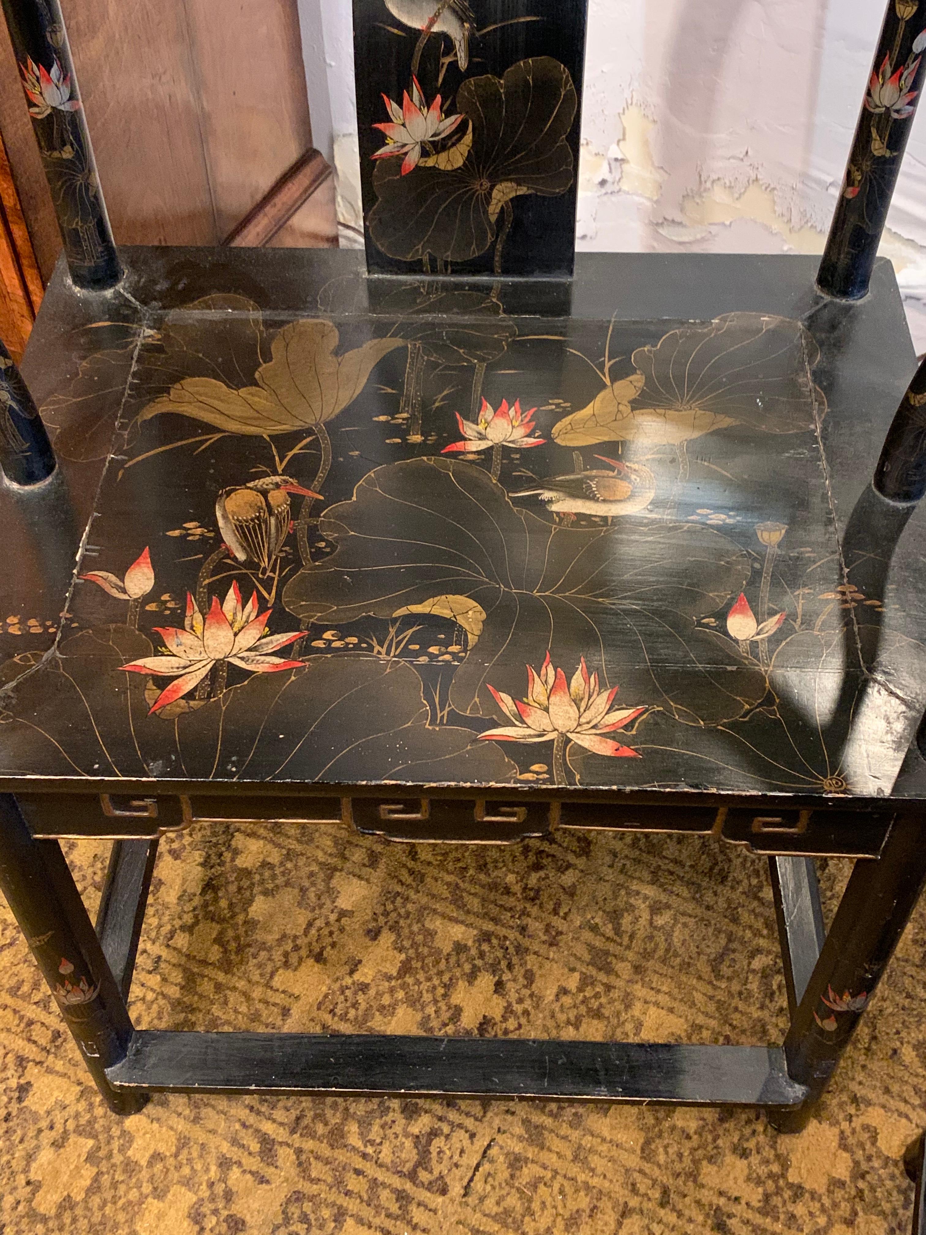 20th Century Pair of Antique Chinese Black Lacquer Armchairs For Sale