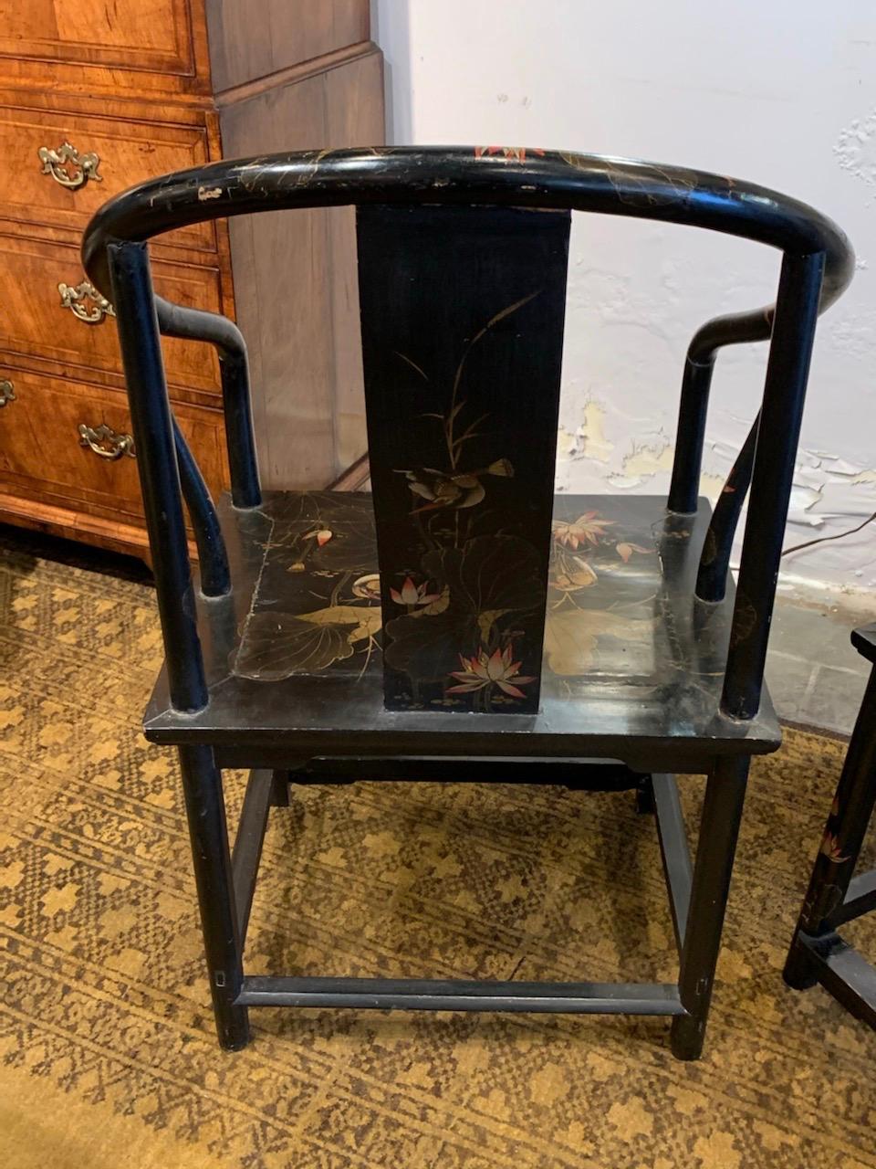 Pair of Antique Chinese Black Lacquer Armchairs For Sale 1