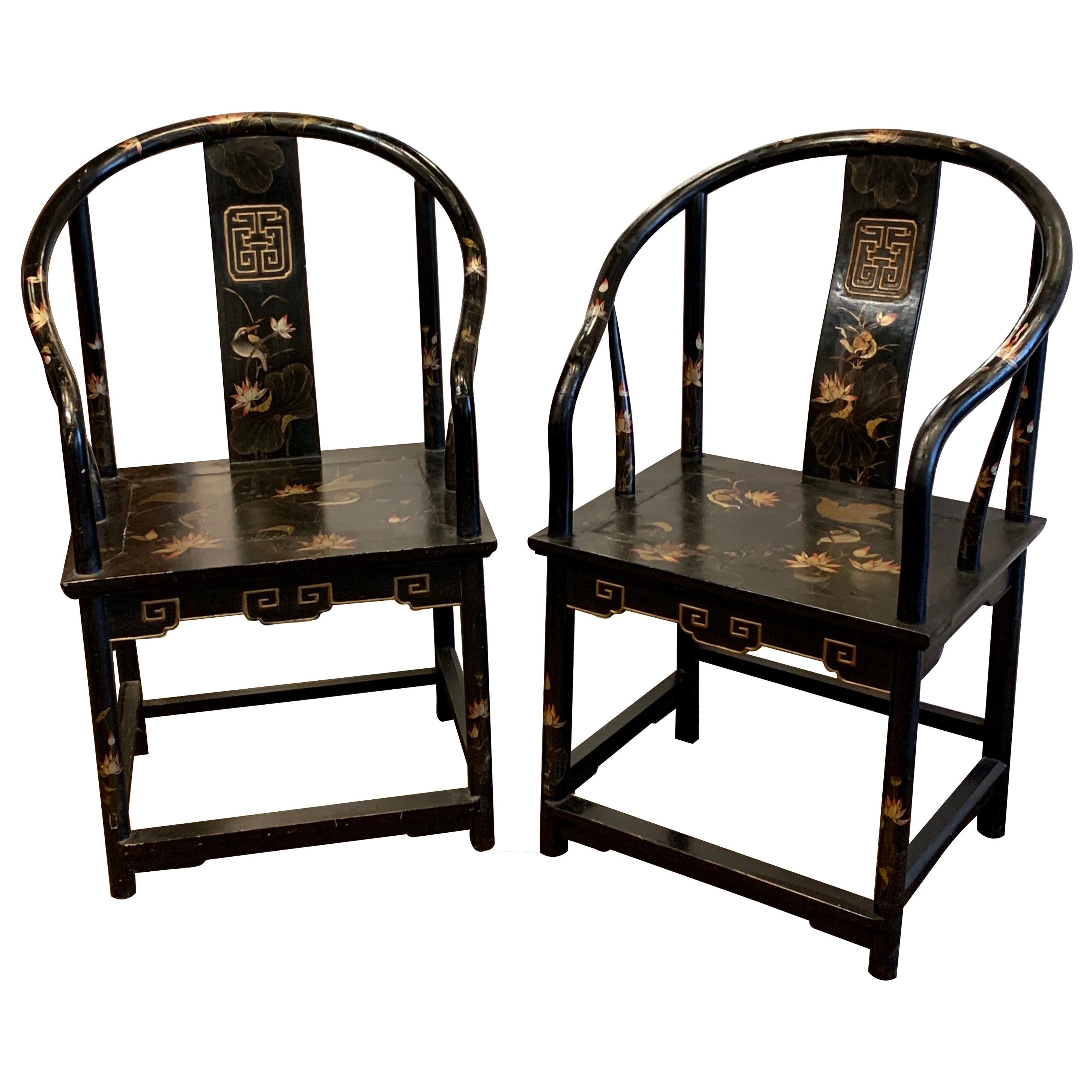 Pair of Antique Chinese Black Lacquer Armchairs For Sale