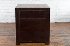 Pair of Black Lacquer Nightstands Tables with Antique Stone Inset Tops